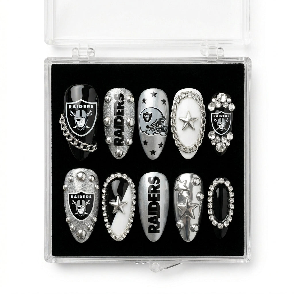 Las Vegas Raiders Handmade Press On Nails | Reusable 3D Nail Set