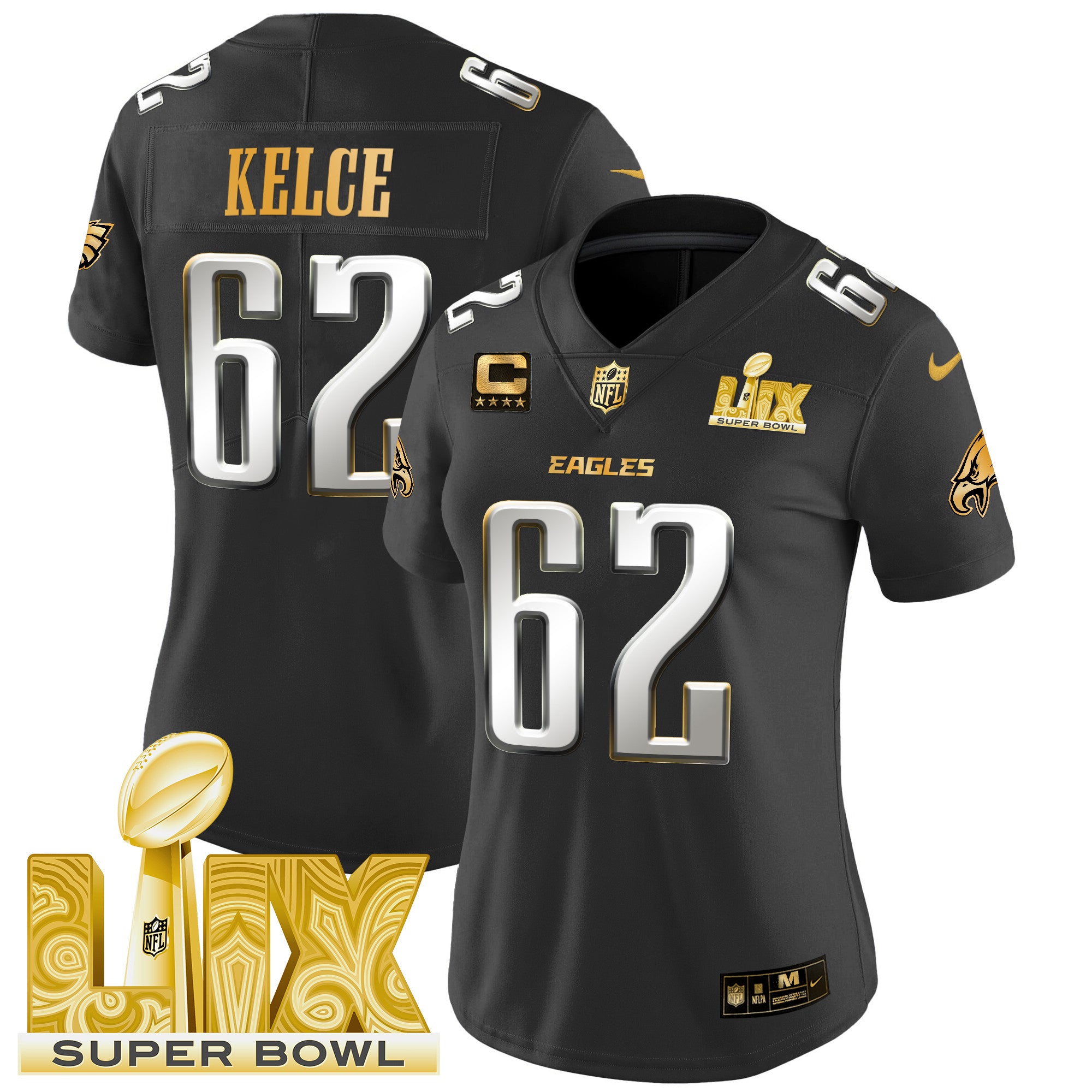 Women's Philadelphia Eagles Super Bowl LIX Patch Gold Vapor Limited Jersey - All Stitched