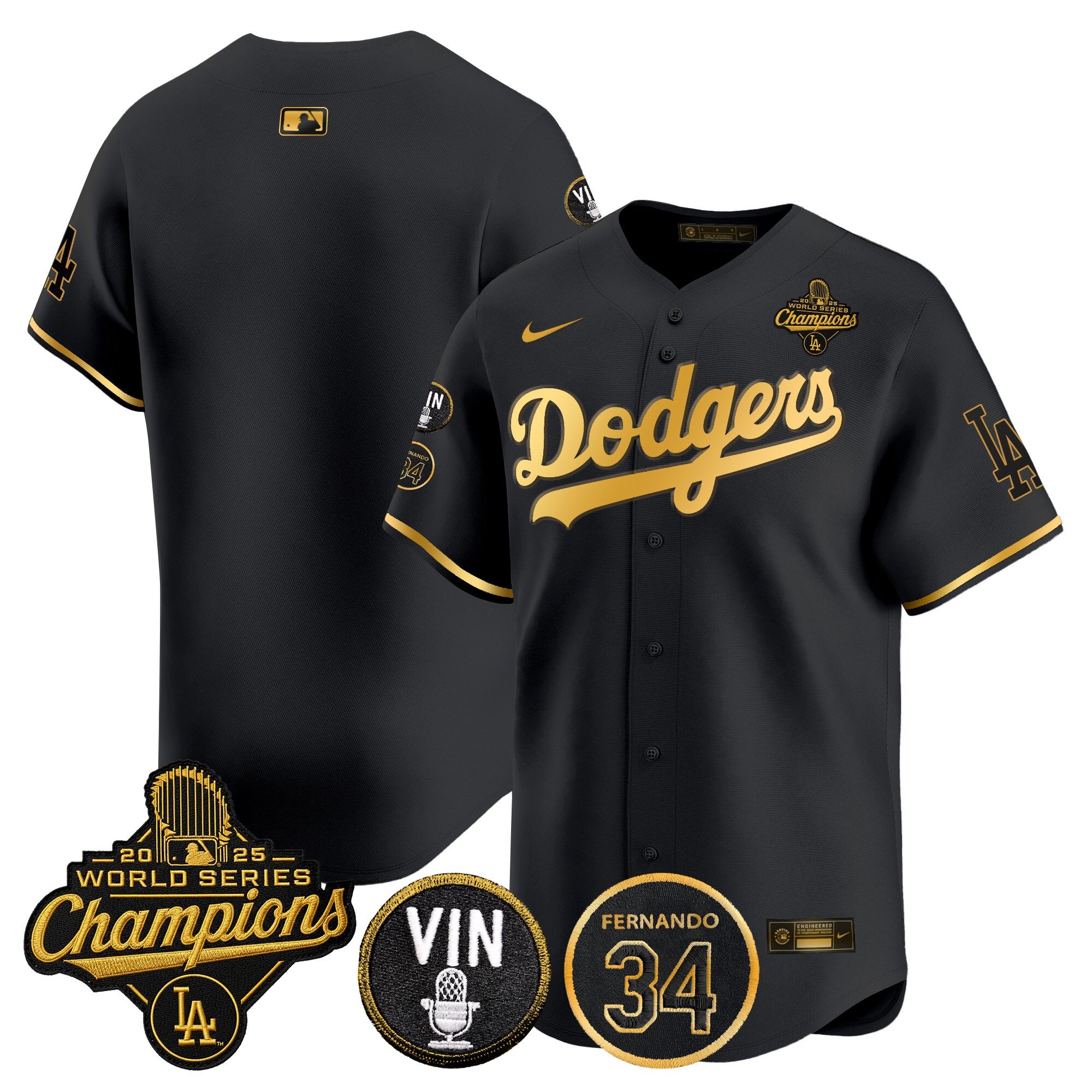 Men's Dodgers 2025 World Series Champions Vapor Premier Limited Jersey - Vin Scully & Fernando Patch - All Stitched