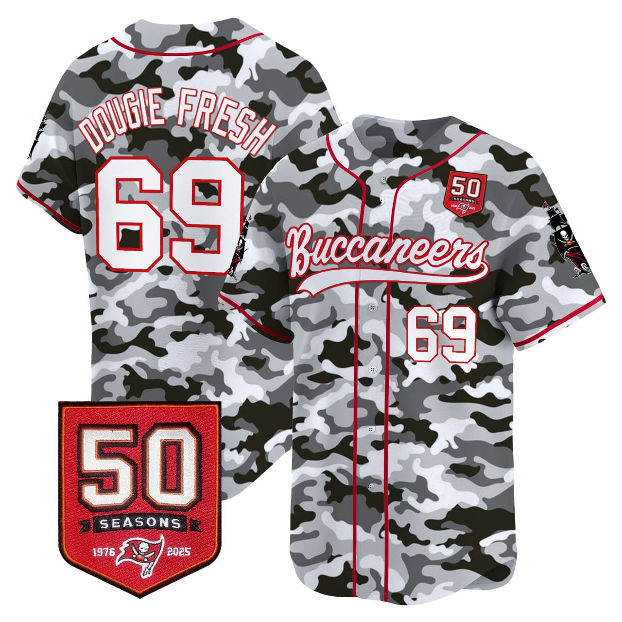 White Camo Tampa Bay Buccaneers 50th Seasons Patch Vapor Baseball Jersey - All Stitched