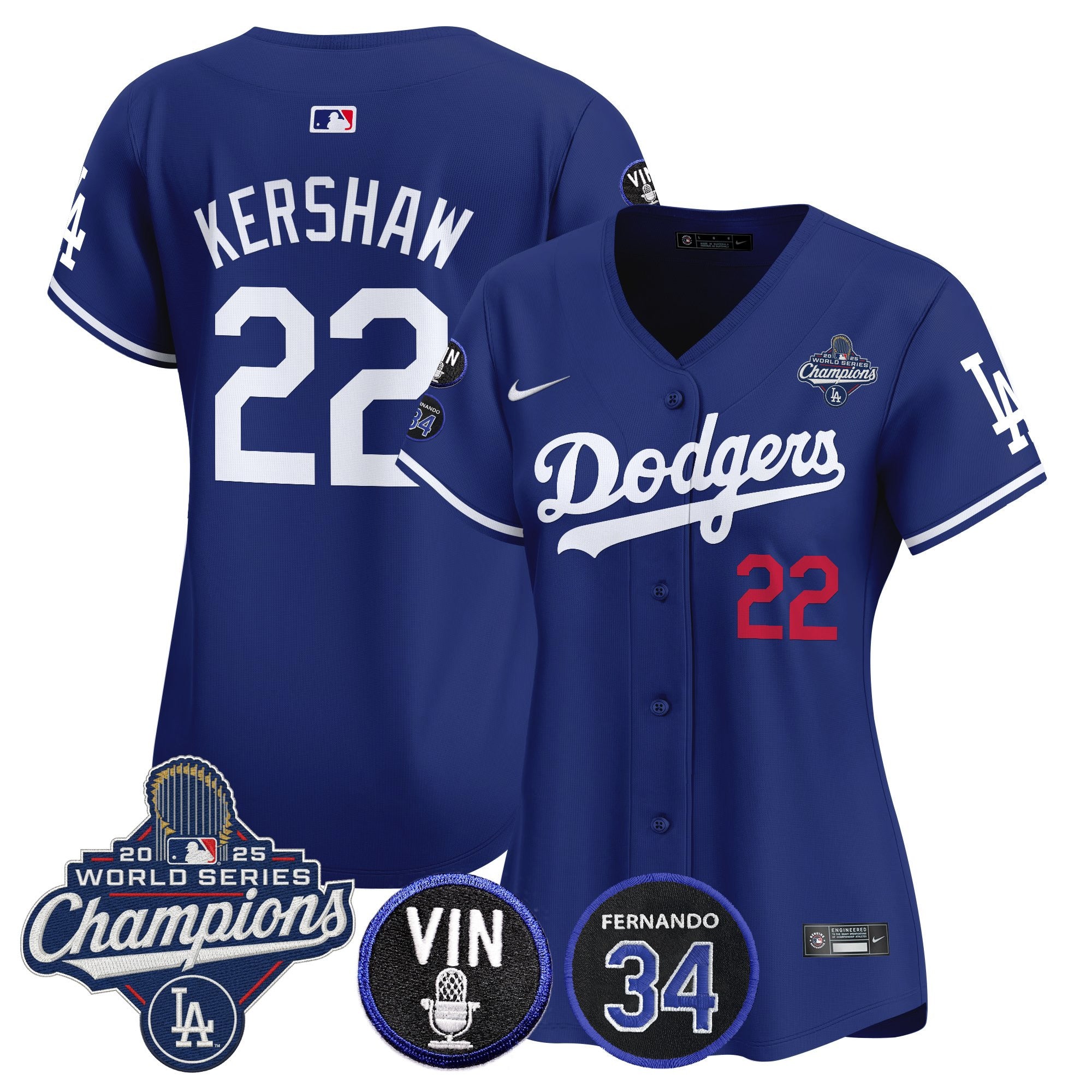 Women's Dodgers 2025 World Series Champions Vapor Premier Limited Jersey - Vin Scully & Fernando Patch - All Stitched