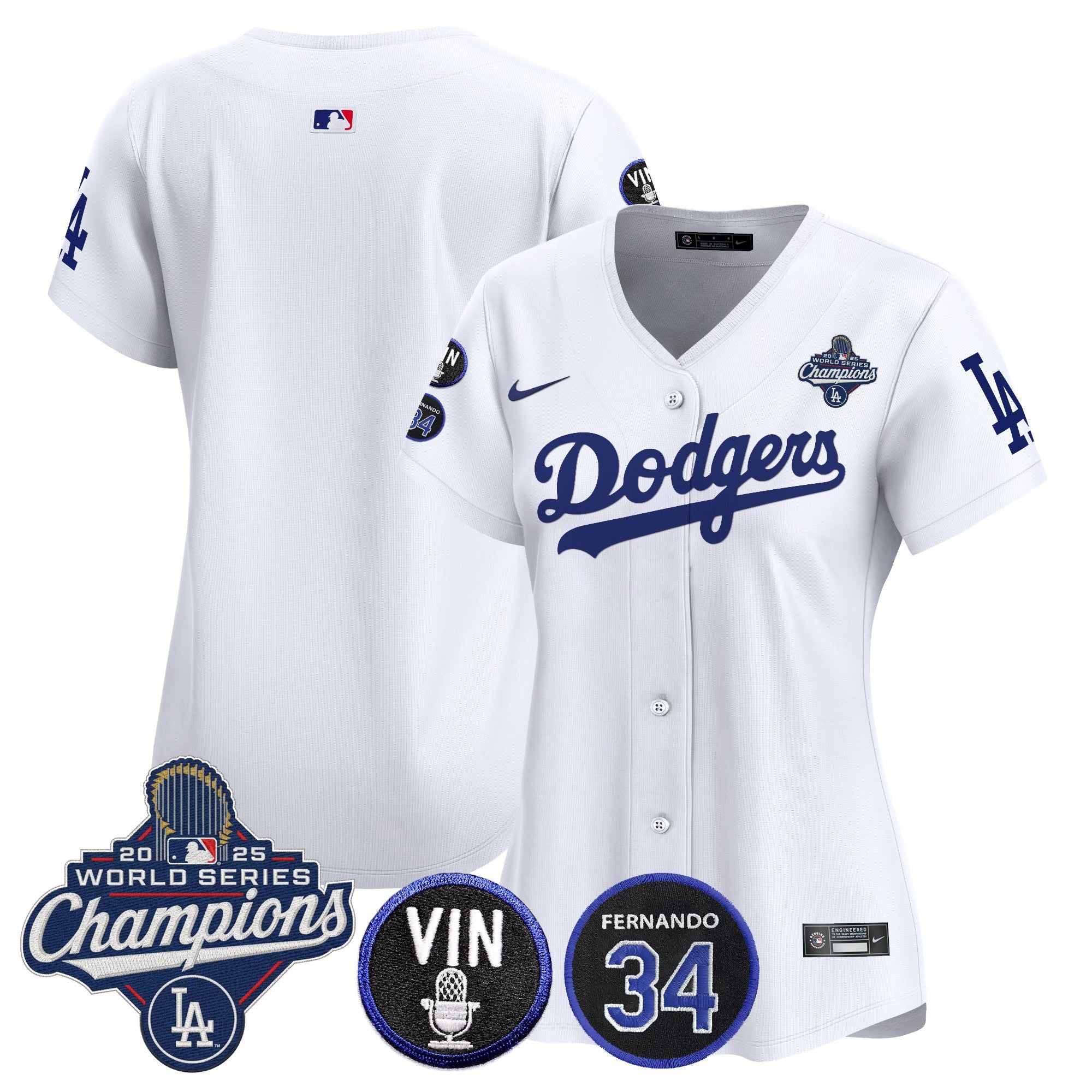 Women's Dodgers 2025 World Series Champions Vapor Premier Limited Jersey - Vin Scully & Fernando Patch - All Stitched