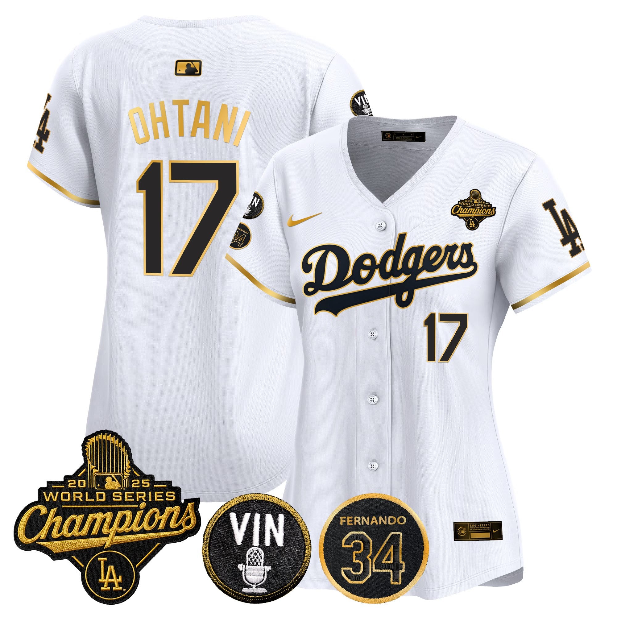 Women's Dodgers 2025 World Series Champions Vapor Premier Limited Jersey - Vin Scully & Fernando Patch - All Stitched