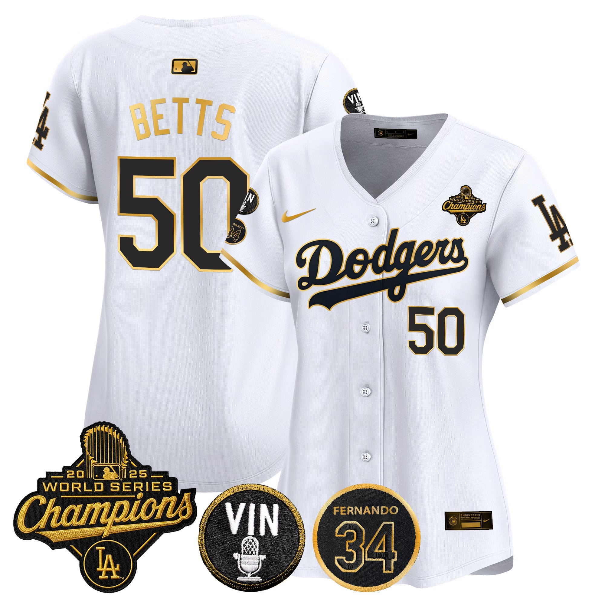 Women's Dodgers 2025 World Series Champions Vapor Premier Limited Jersey - Vin Scully & Fernando Patch - All Stitched