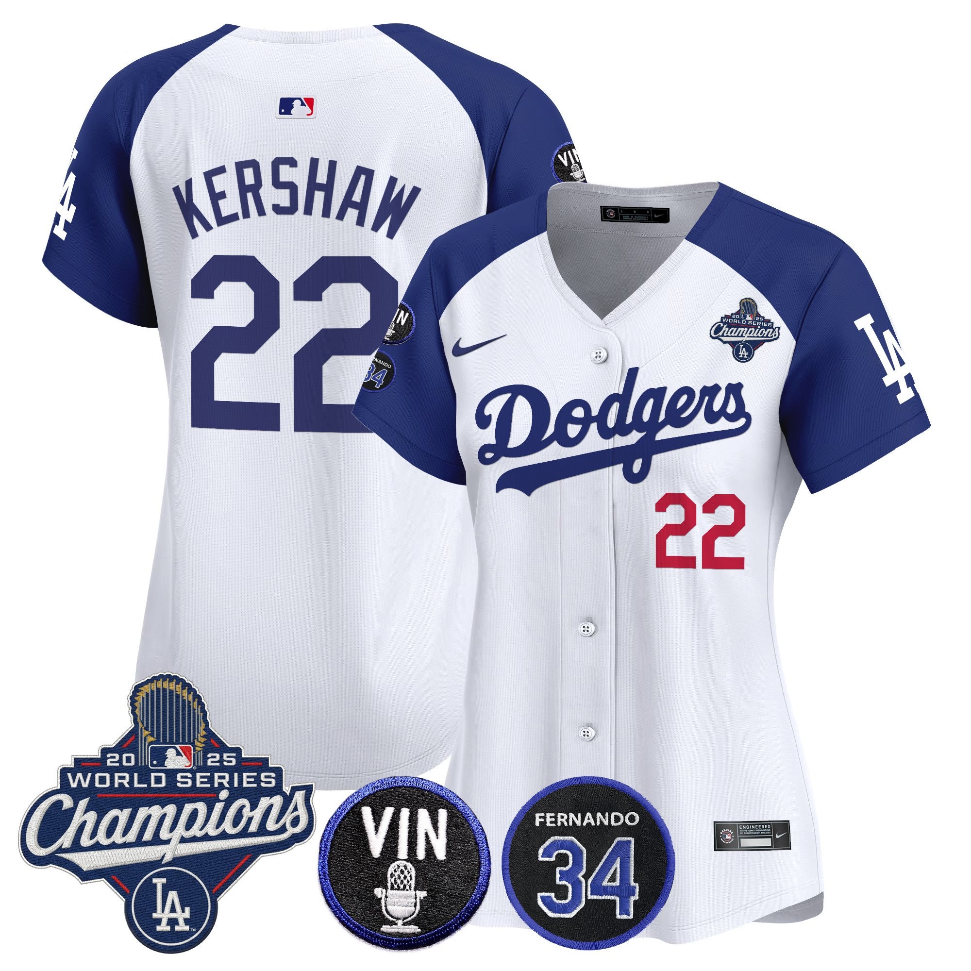 Women's Dodgers 2025 World Series Champions Vapor Premier Limited Jersey - Vin Scully & Fernando Patch - All Stitched