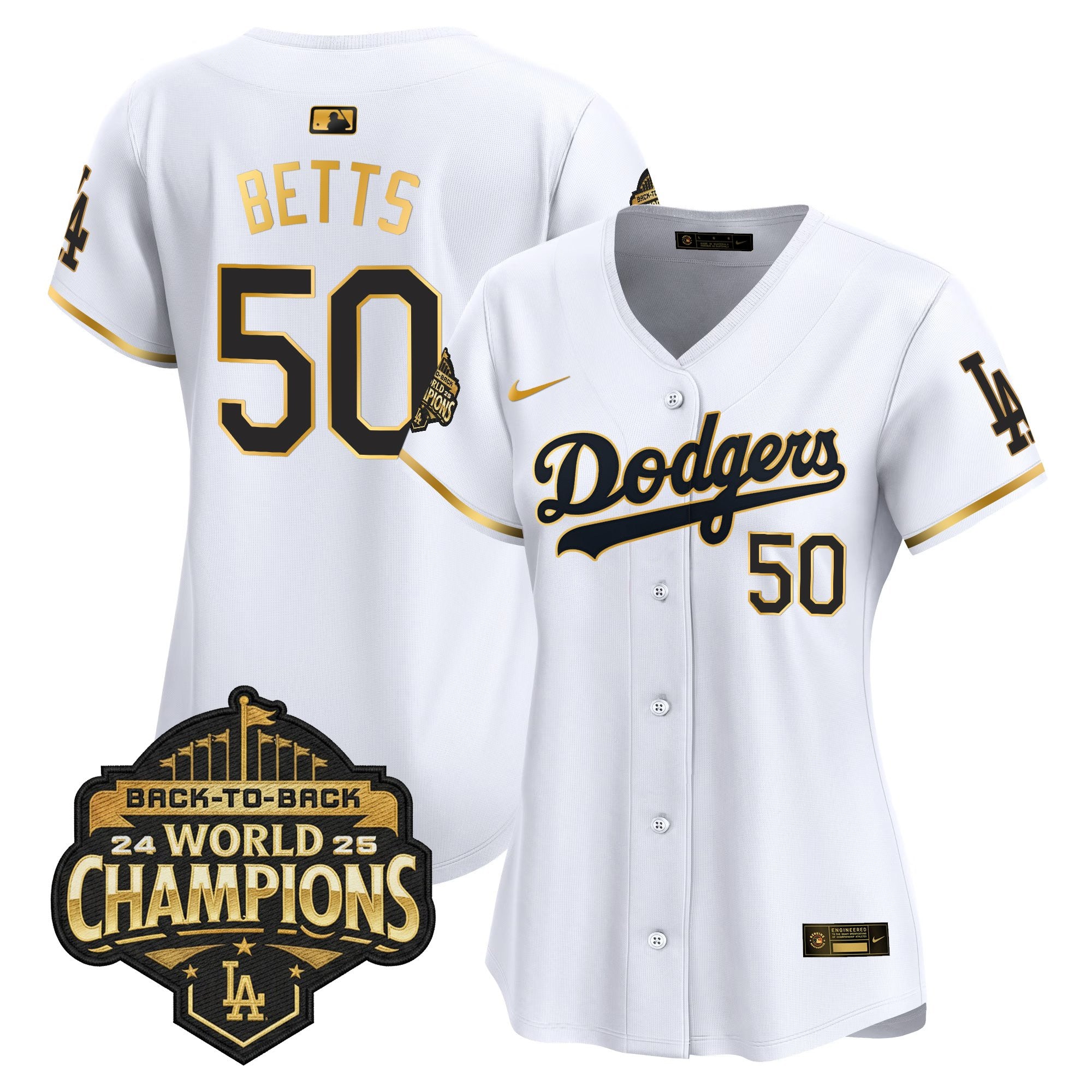 Women's Dodgers 2025 Back-To-Back Champions Gold Trim Vapor Premier Limited Jersey - All Stitched