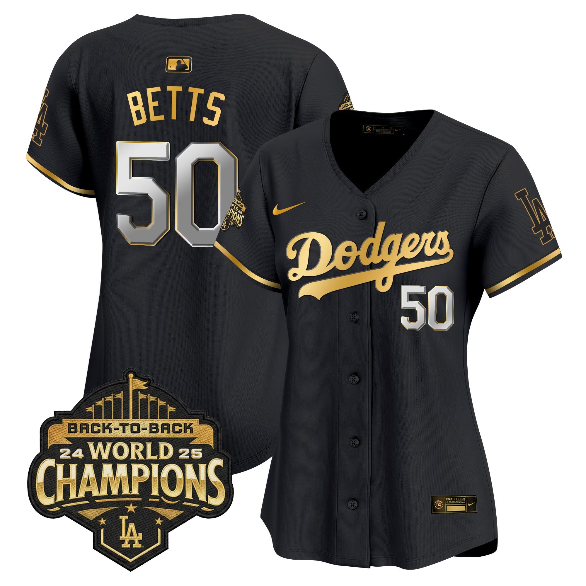 Women's Dodgers 2025 Back-To-Back Champions Gold Trim Vapor Premier Limited Jersey - All Stitched