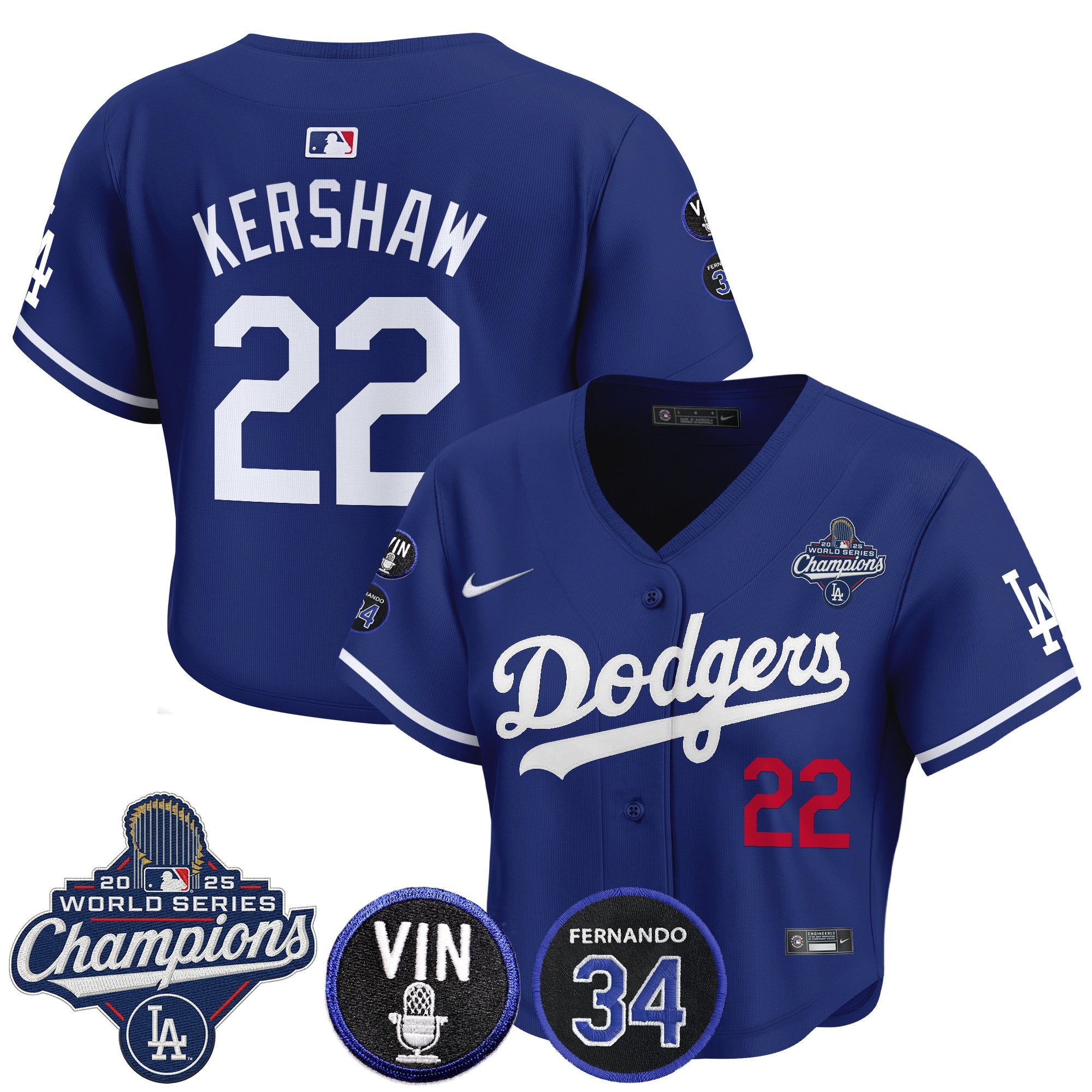 Women's Dodgers 2025 World Series Champions Crop Top Baseball Jersey - Vin Scully & Fernando Patch - All Stitched