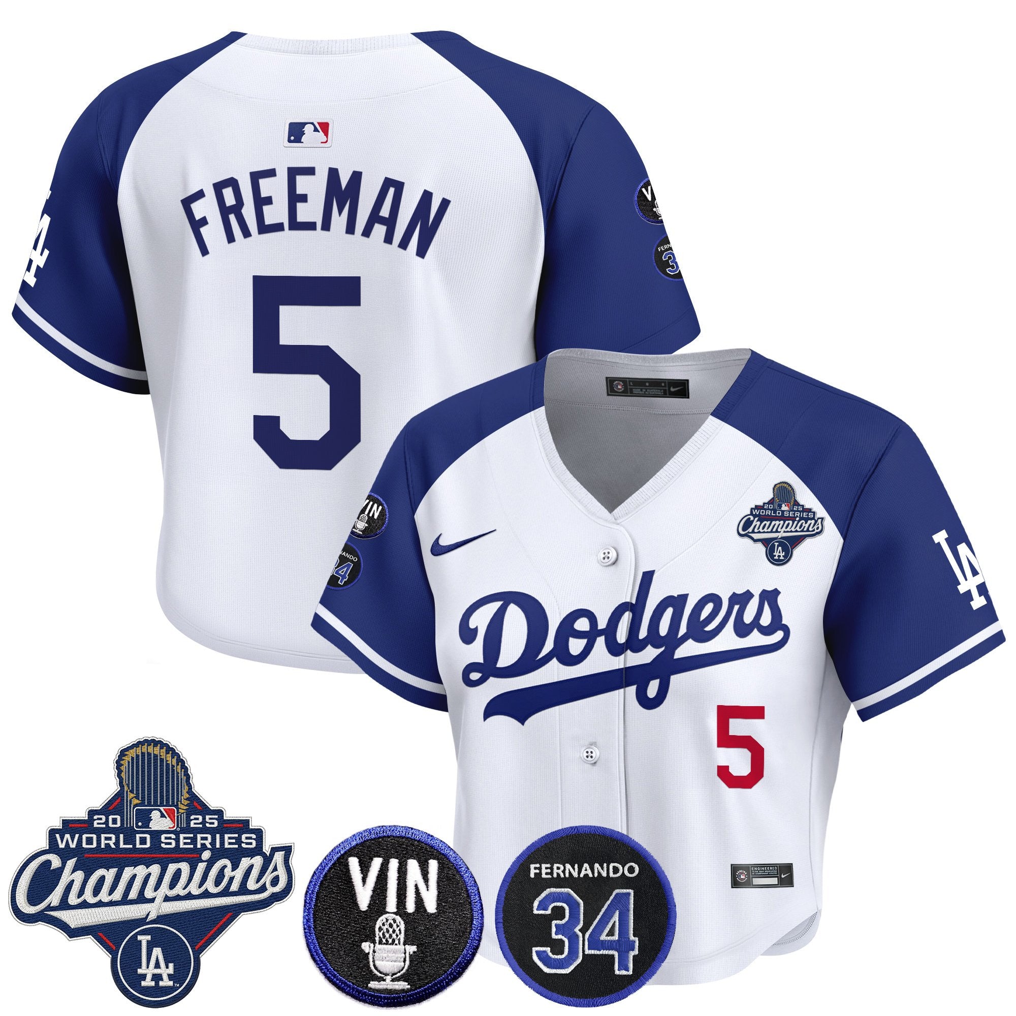 Women's Dodgers 2025 World Series Champions Crop Top Baseball Jersey - Vin Scully & Fernando Patch - All Stitched