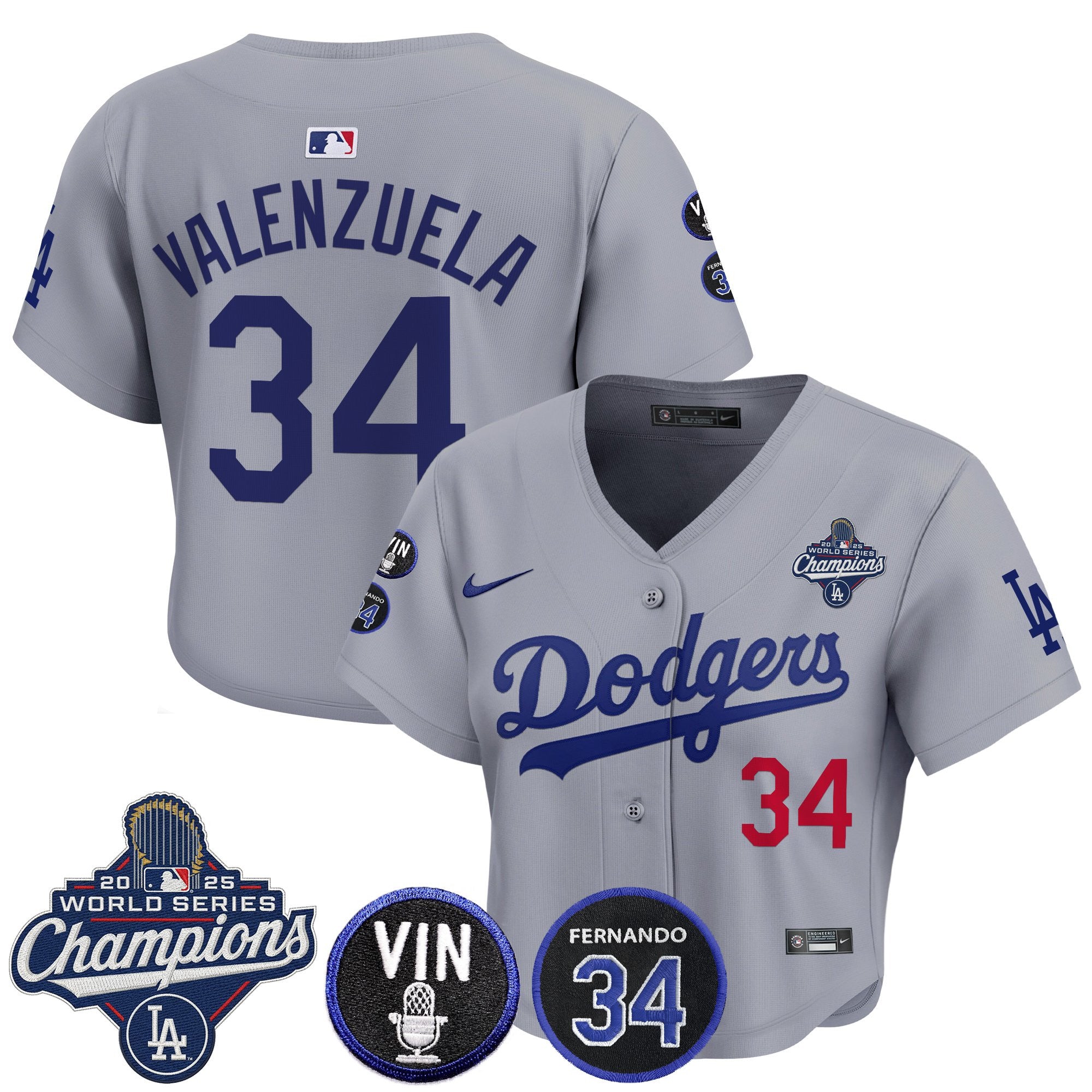 Women's Dodgers 2025 World Series Champions Crop Top Baseball Jersey - Vin Scully & Fernando Patch - All Stitched