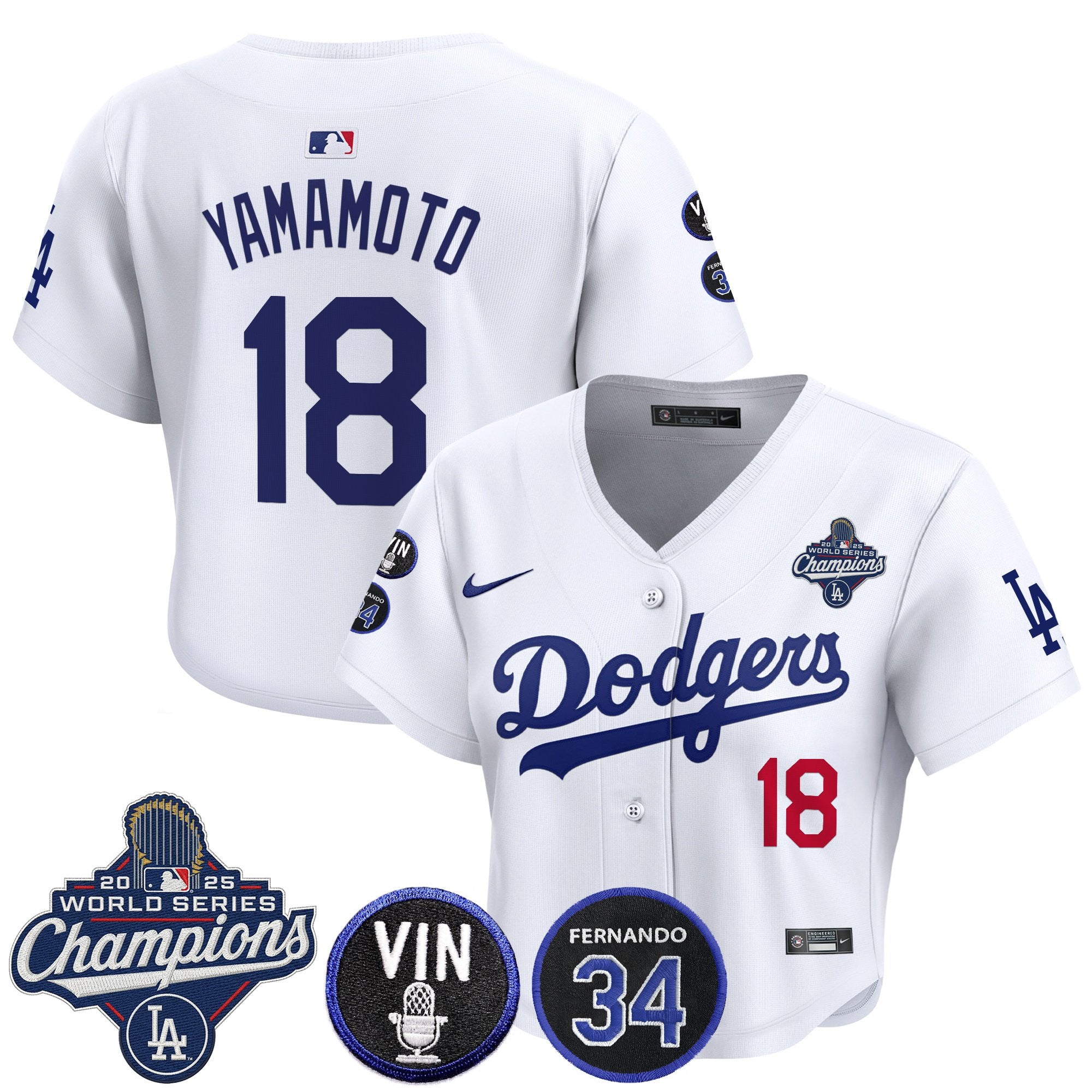 Women's Dodgers 2025 World Series Champions Crop Top Baseball Jersey - Vin Scully & Fernando Patch - All Stitched
