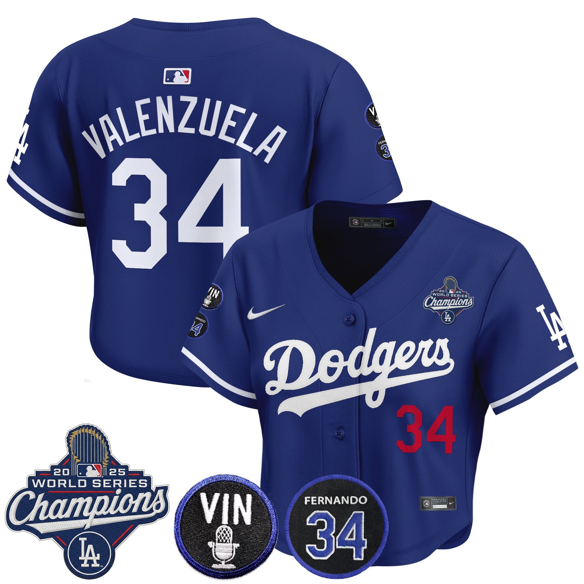 Women's Dodgers 2025 World Series Champions Crop Top Baseball Jersey - Vin Scully & Fernando Patch - All Stitched