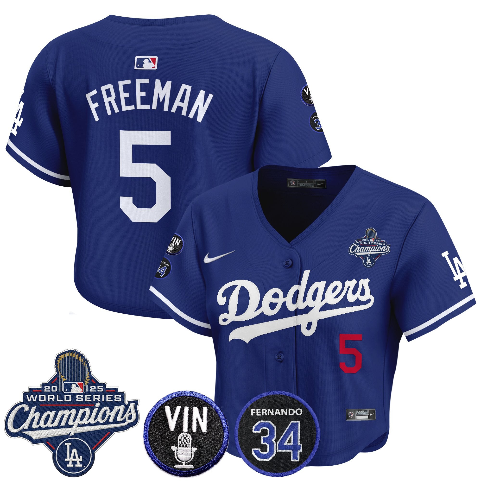 Women's Dodgers 2025 World Series Champions Crop Top Baseball Jersey - Vin Scully & Fernando Patch - All Stitched