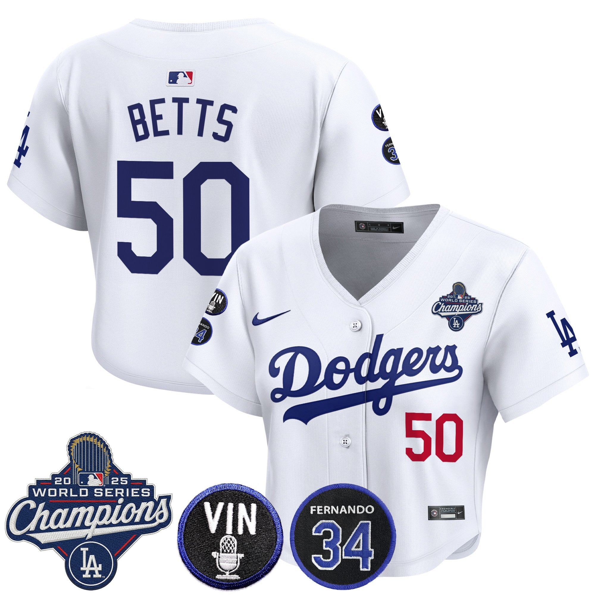 Women's Dodgers 2025 World Series Champions Crop Top Baseball Jersey - Vin Scully & Fernando Patch - All Stitched
