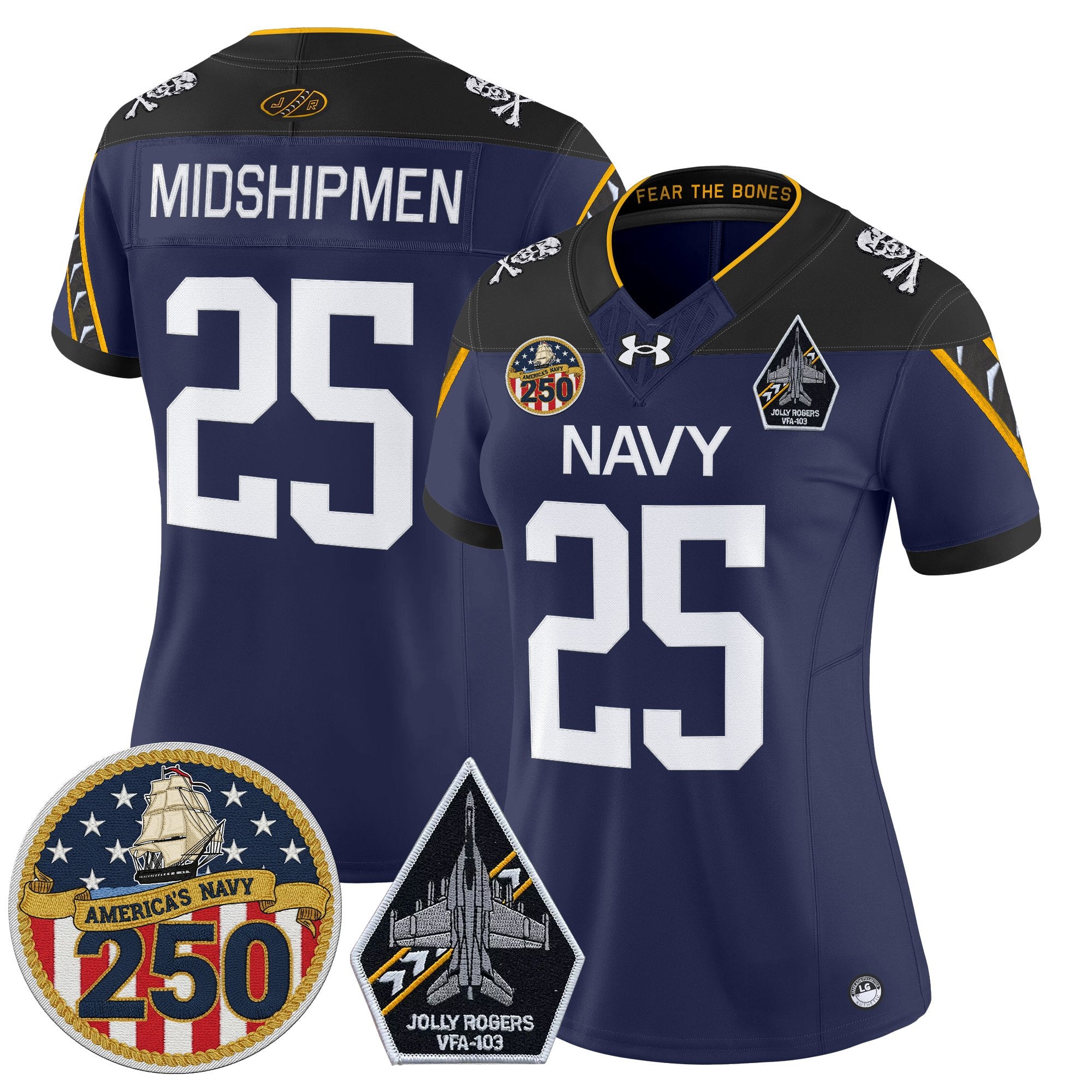 Women's Navy Midshipmen 'Jolly Rogers Edition' Vapor Limited Jersey - 250th Anniversary Patch - All Stitched
