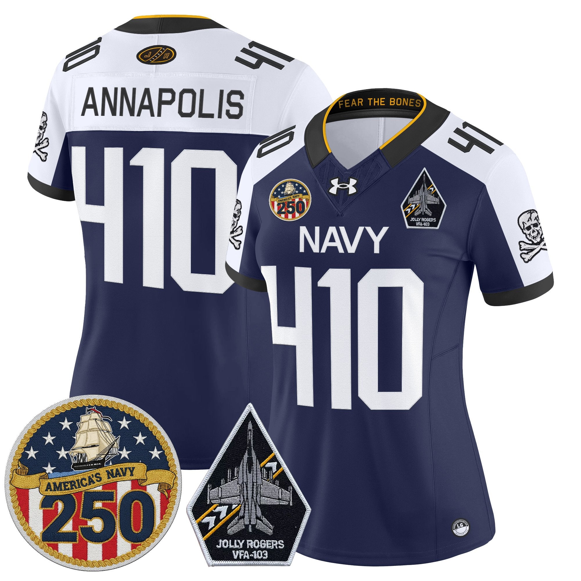 Women's Navy Midshipmen 'Jolly Rogers Edition' Vapor Limited Jersey - 250th Anniversary Patch - All Stitched