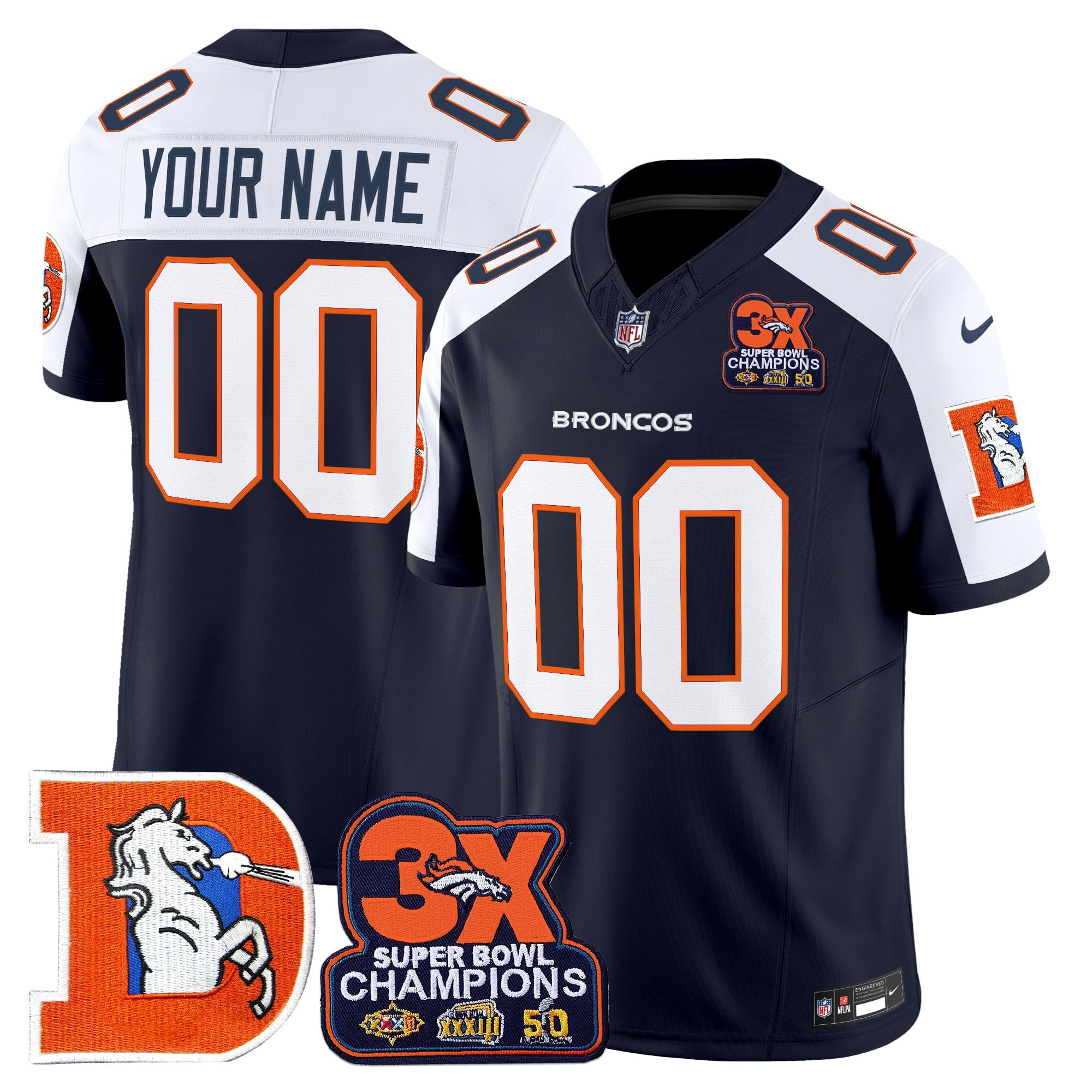 Denver Broncos Throwback Vapor Limited Custom Jersey - 3-Time Champions Patch - All Stitched