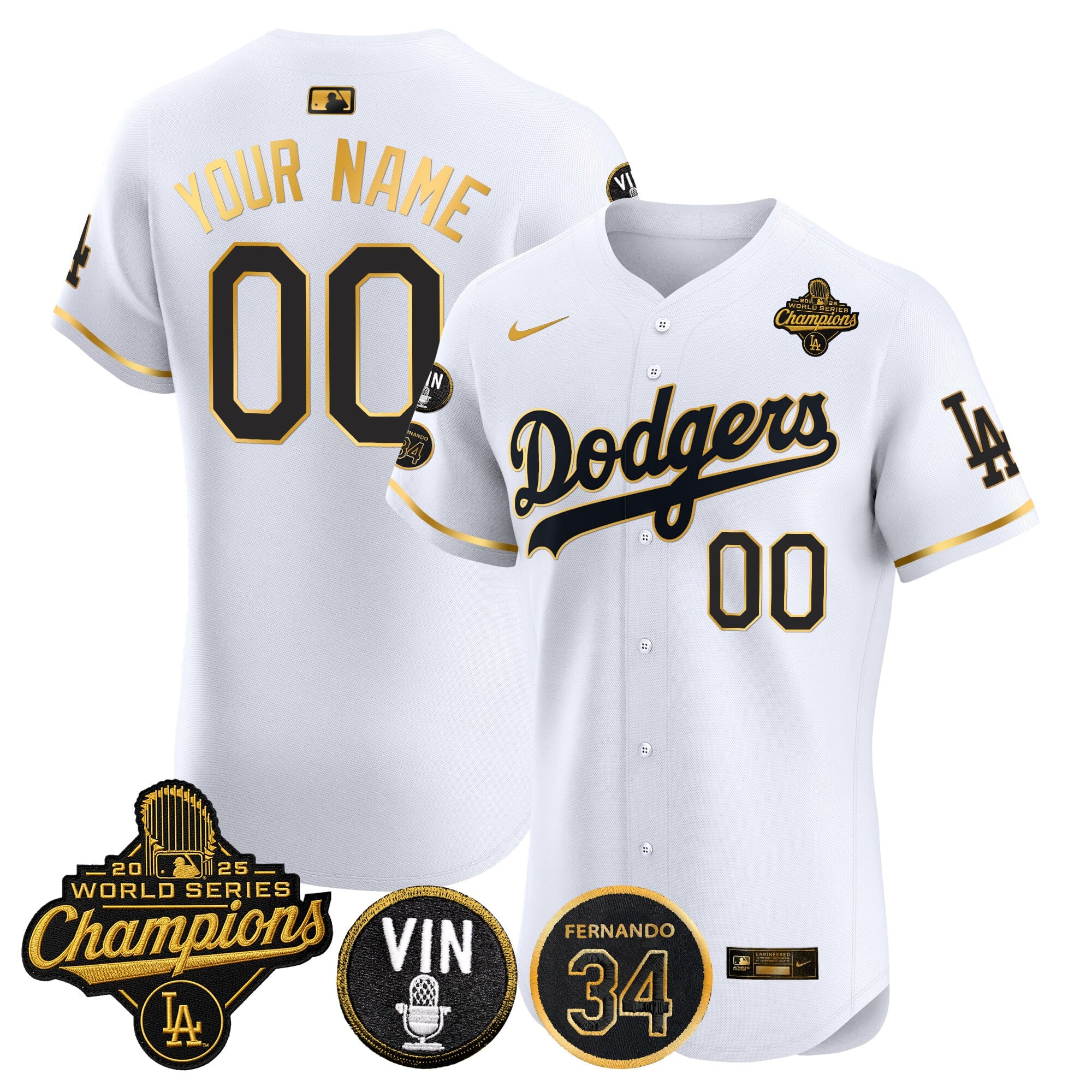 Dodgers 2025 World Series Champions Vapor Premier Elite Custom Jersey - Vin Scully & Fernando Patch - All Stitched