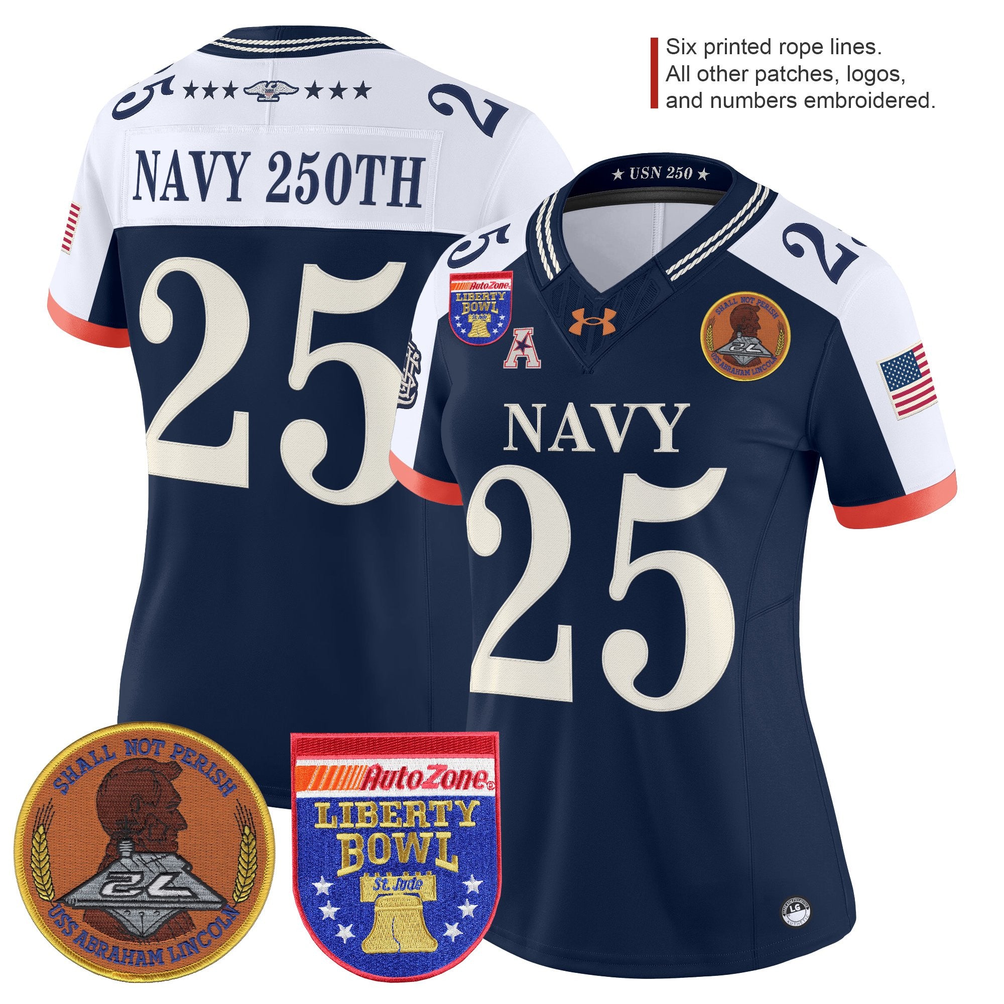 Women's Navy Midshipmen 250th Anniversary Vapor Limited Jersey - 2026 Liberty Bowl Patch - Stitched