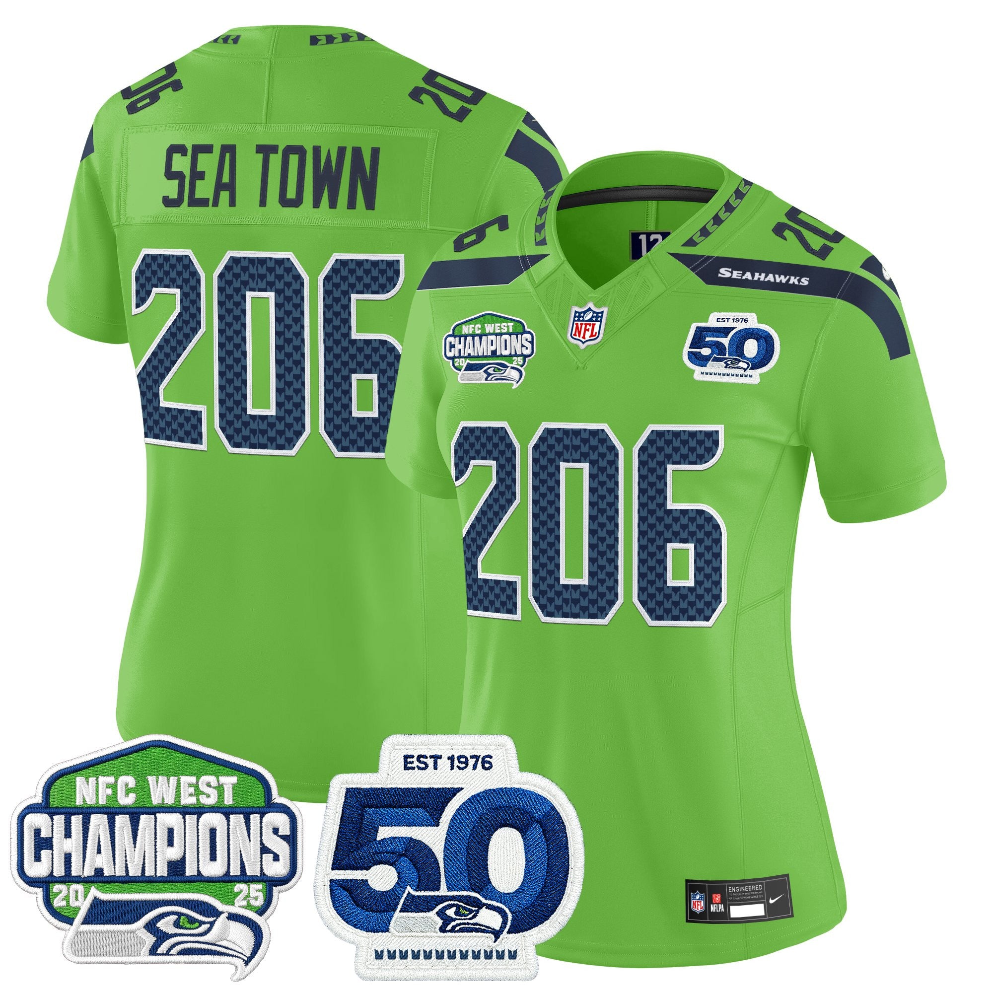 Women's Seattle Seahawks 2025 NFC West Division Champions & 50th Anniversary Patch Vapor Limited Jersey - All Stitched