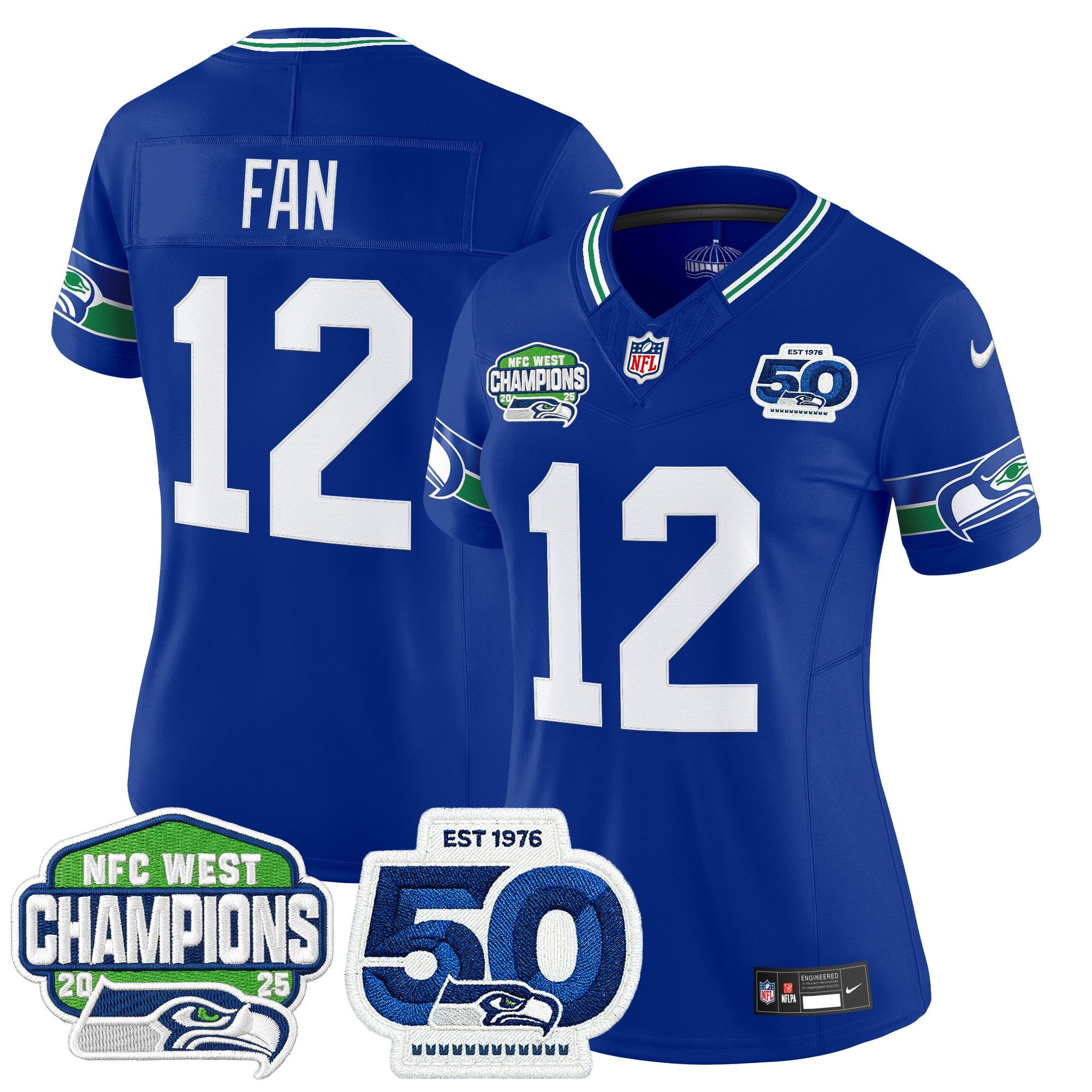 Women's Seattle Seahawks 2025 NFC West Division Champions & 50th Anniversary Patch Vapor Limited Jersey - All Stitched