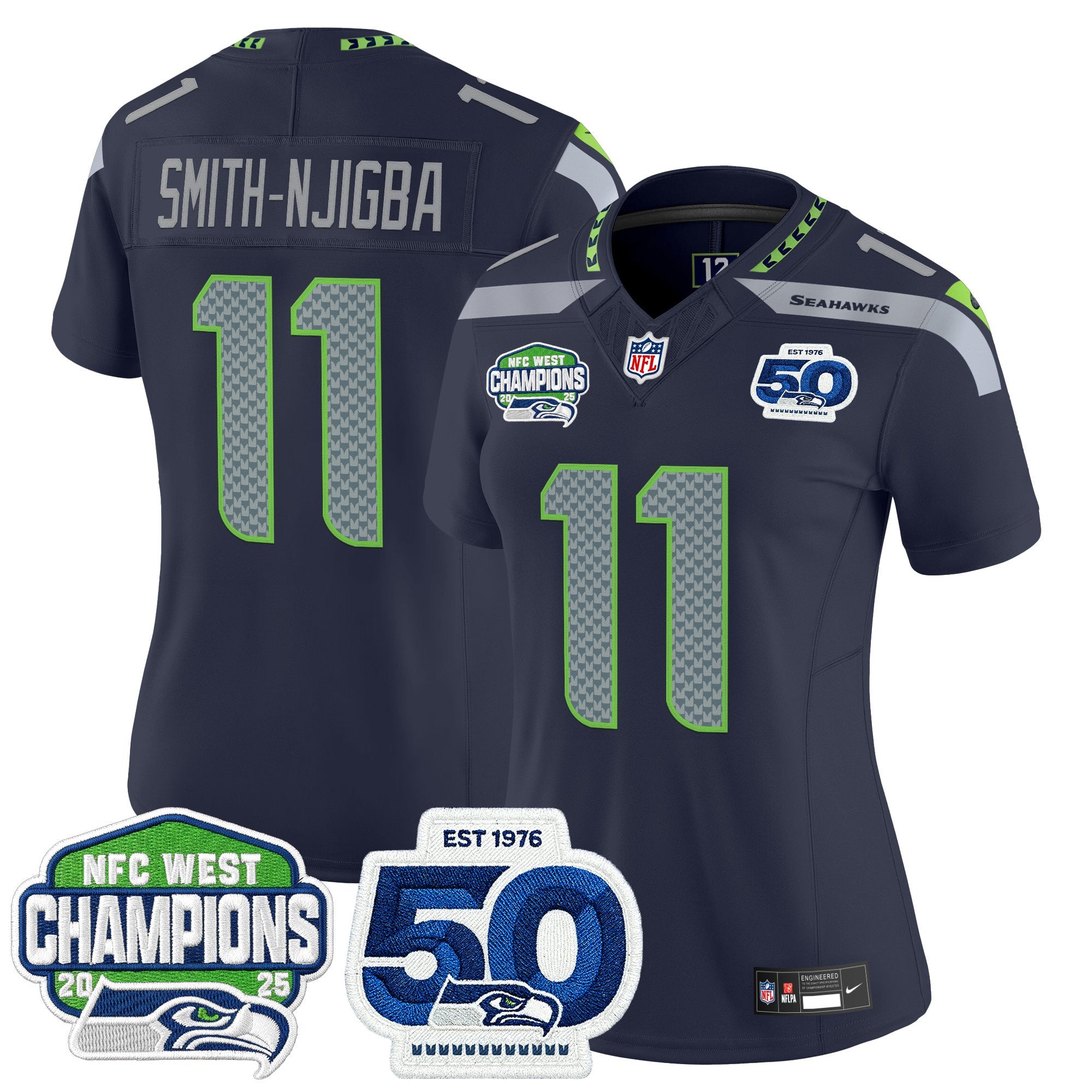 Women's Seattle Seahawks 2025 NFC West Division Champions & 50th Anniversary Patch Vapor Limited Jersey - All Stitched
