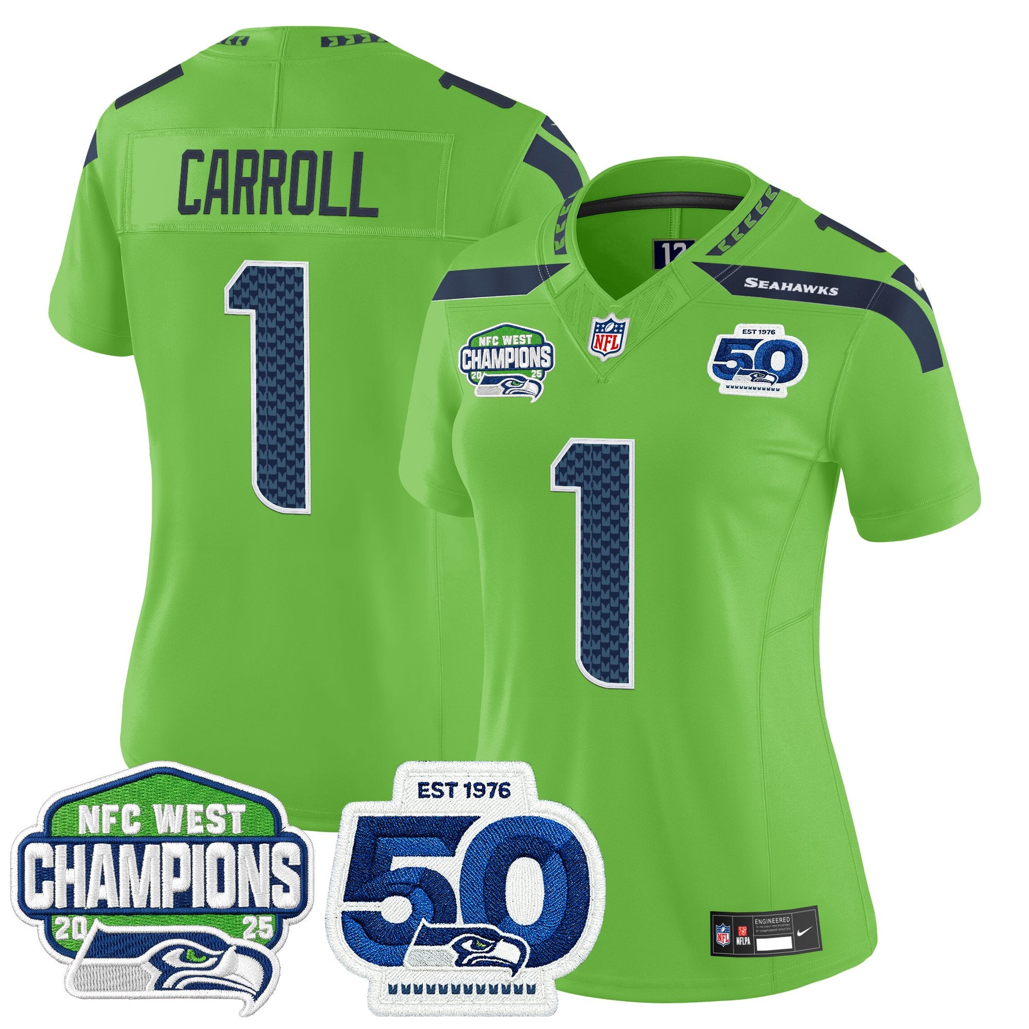 Women's Seattle Seahawks 2025 NFC West Division Champions & 50th Anniversary Patch Vapor Limited Jersey - All Stitched