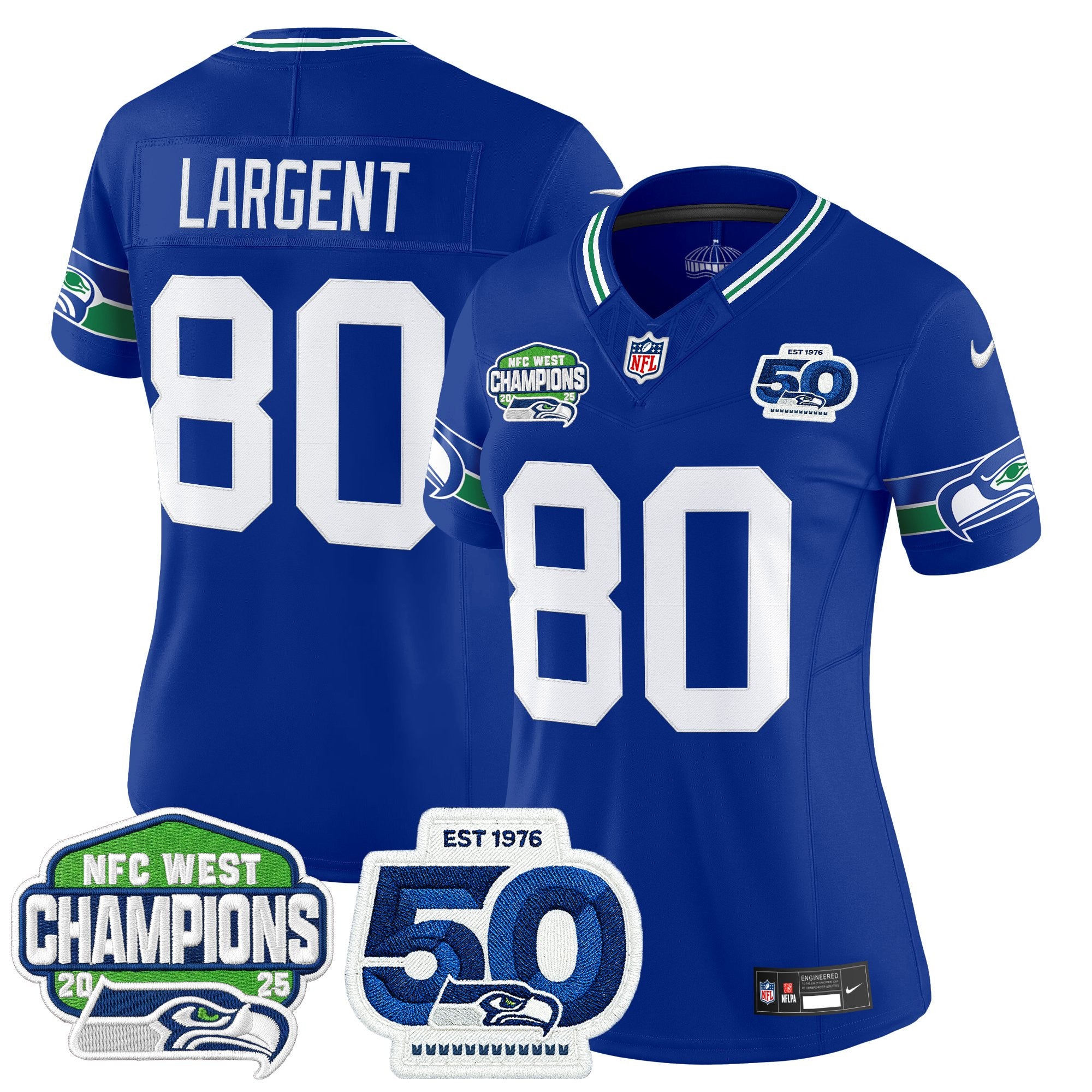 Women's Seattle Seahawks 2025 NFC West Division Champions & 50th Anniversary Patch Vapor Limited Jersey - All Stitched