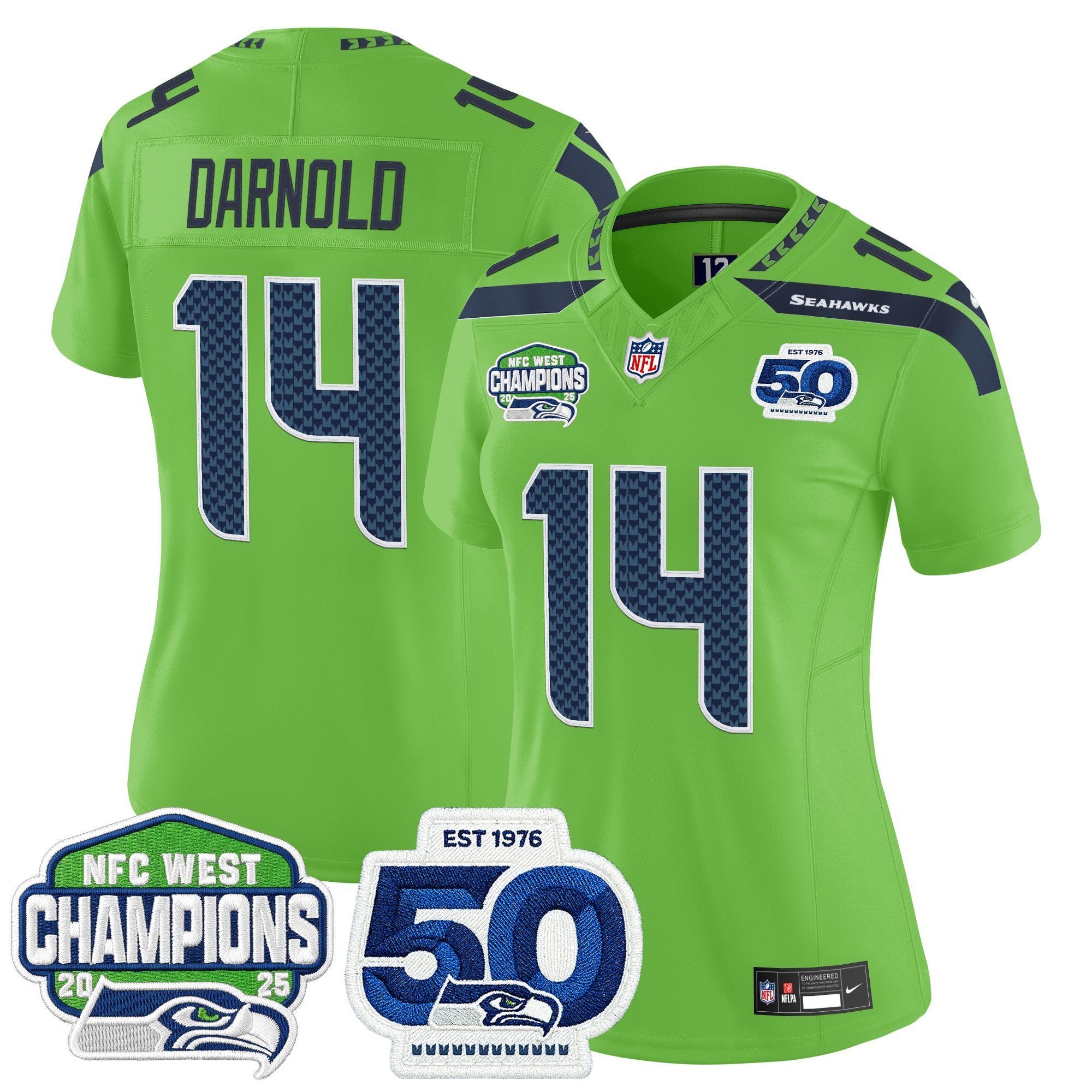 Women's Seattle Seahawks 2025 NFC West Division Champions & 50th Anniversary Patch Vapor Limited Jersey - All Stitched