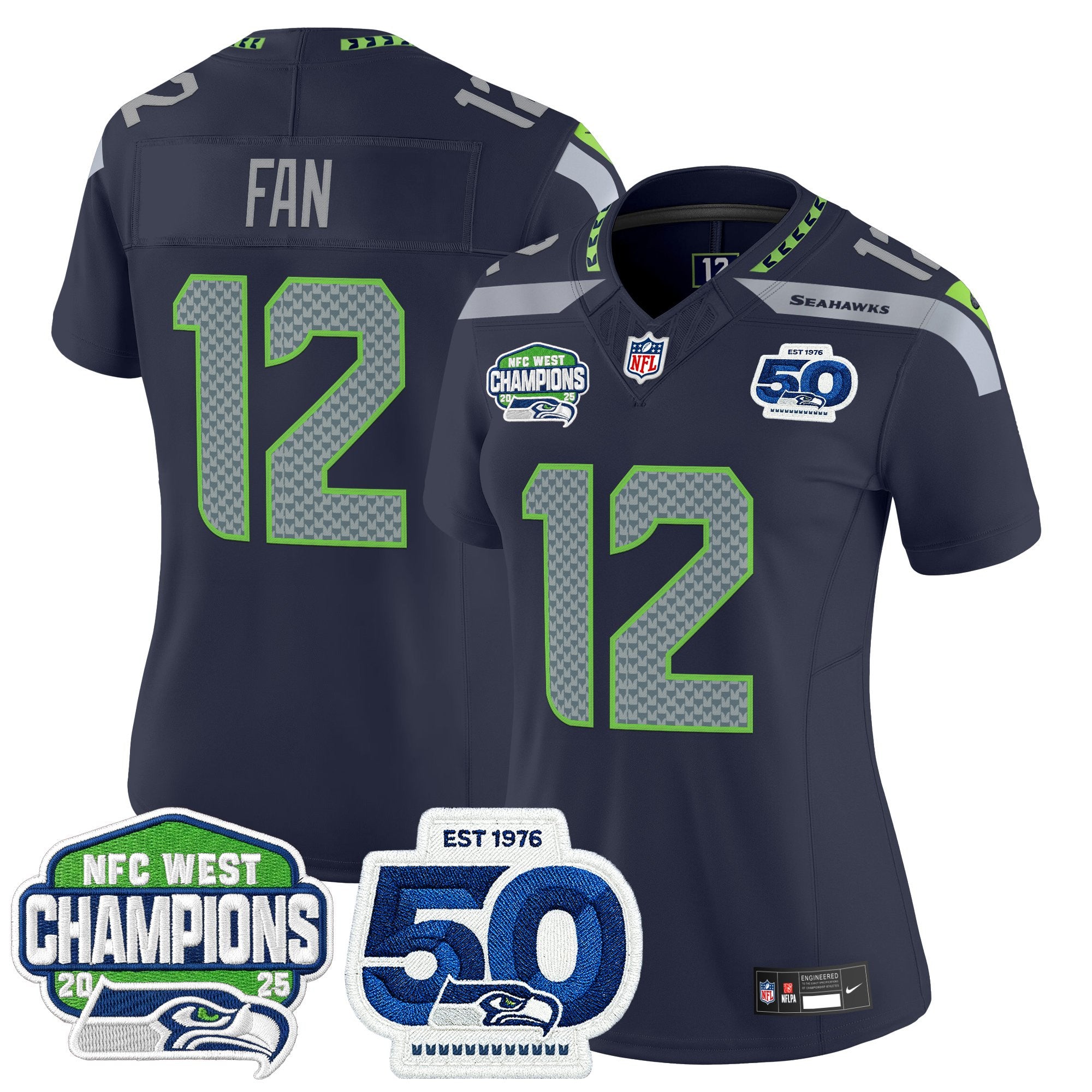 Women's Seattle Seahawks 2025 NFC West Division Champions & 50th Anniversary Patch Vapor Limited Jersey - All Stitched