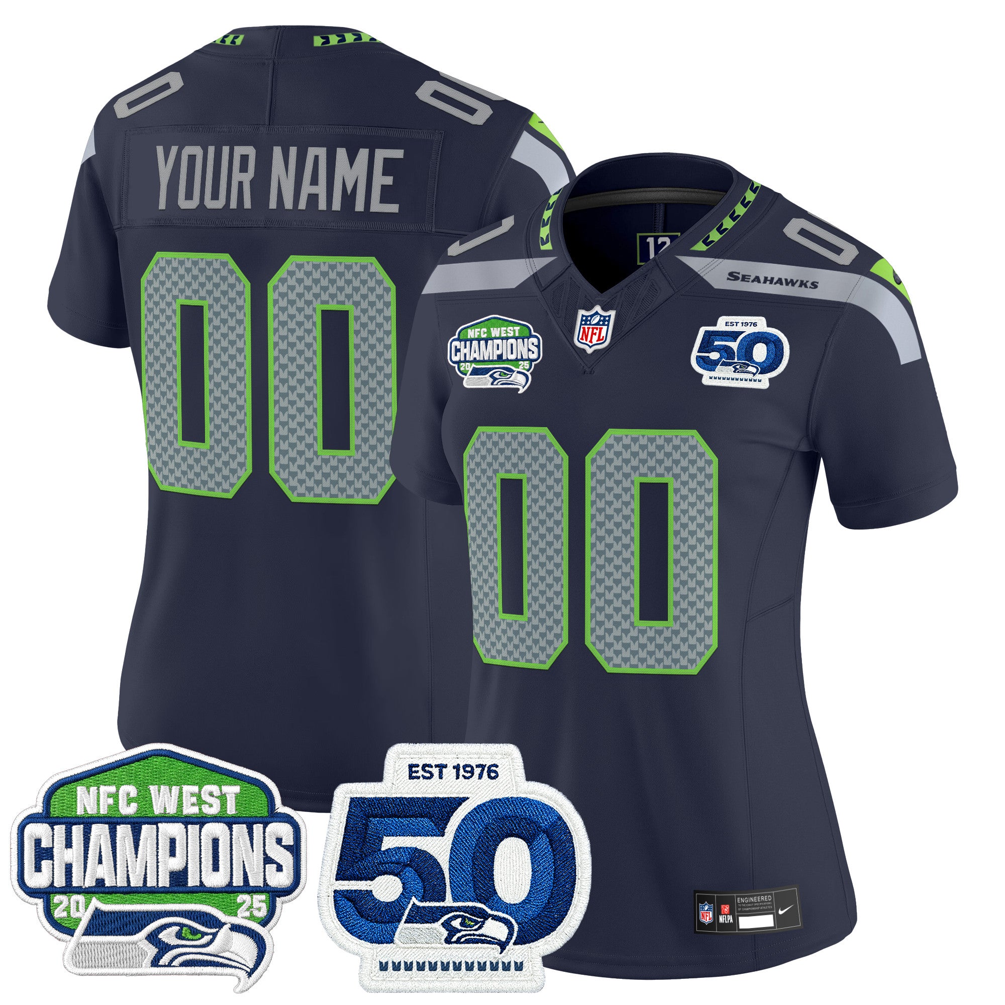 Seattle Seahawks 2025 NFC West Division Champions & 50th Anniversary Patch Vapor Limited Custom Jersey - All Stitched