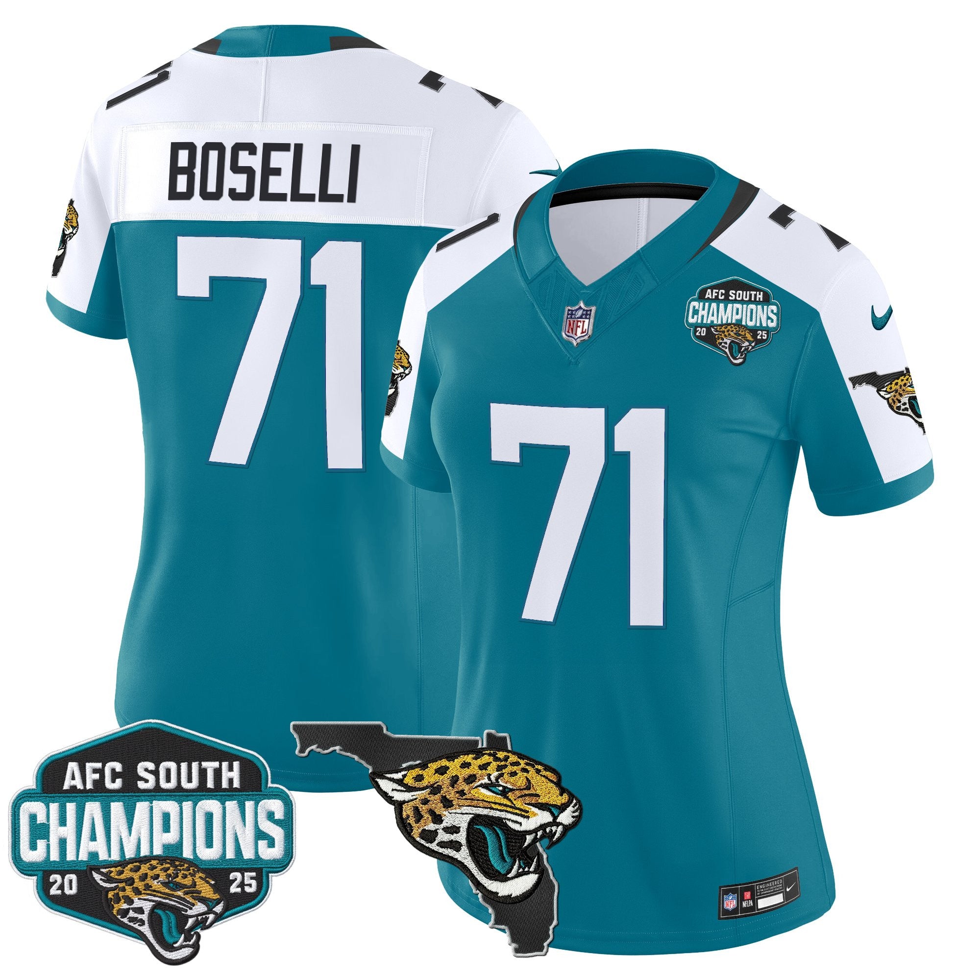 Women's Jacksonville Jaguars 2025 AFC South Division Champions & Florida Patch Vapor Jersey - All Stitched