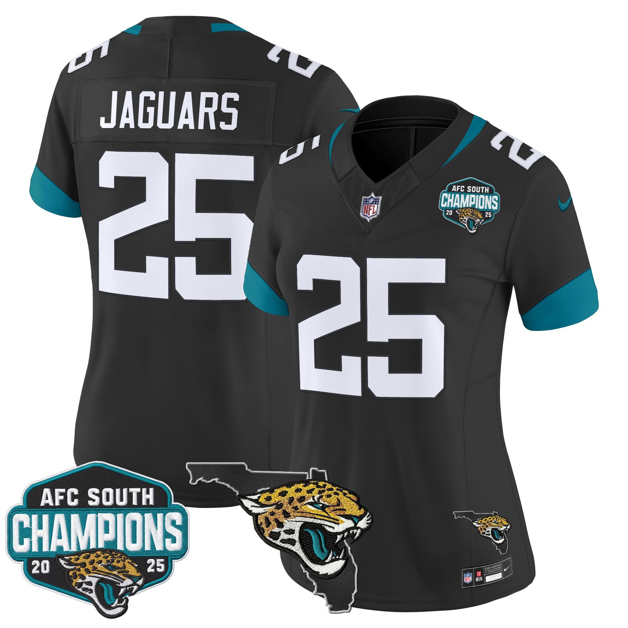 Women's Jacksonville Jaguars 2025 AFC South Division Champions & Florida Patch Vapor Jersey - All Stitched