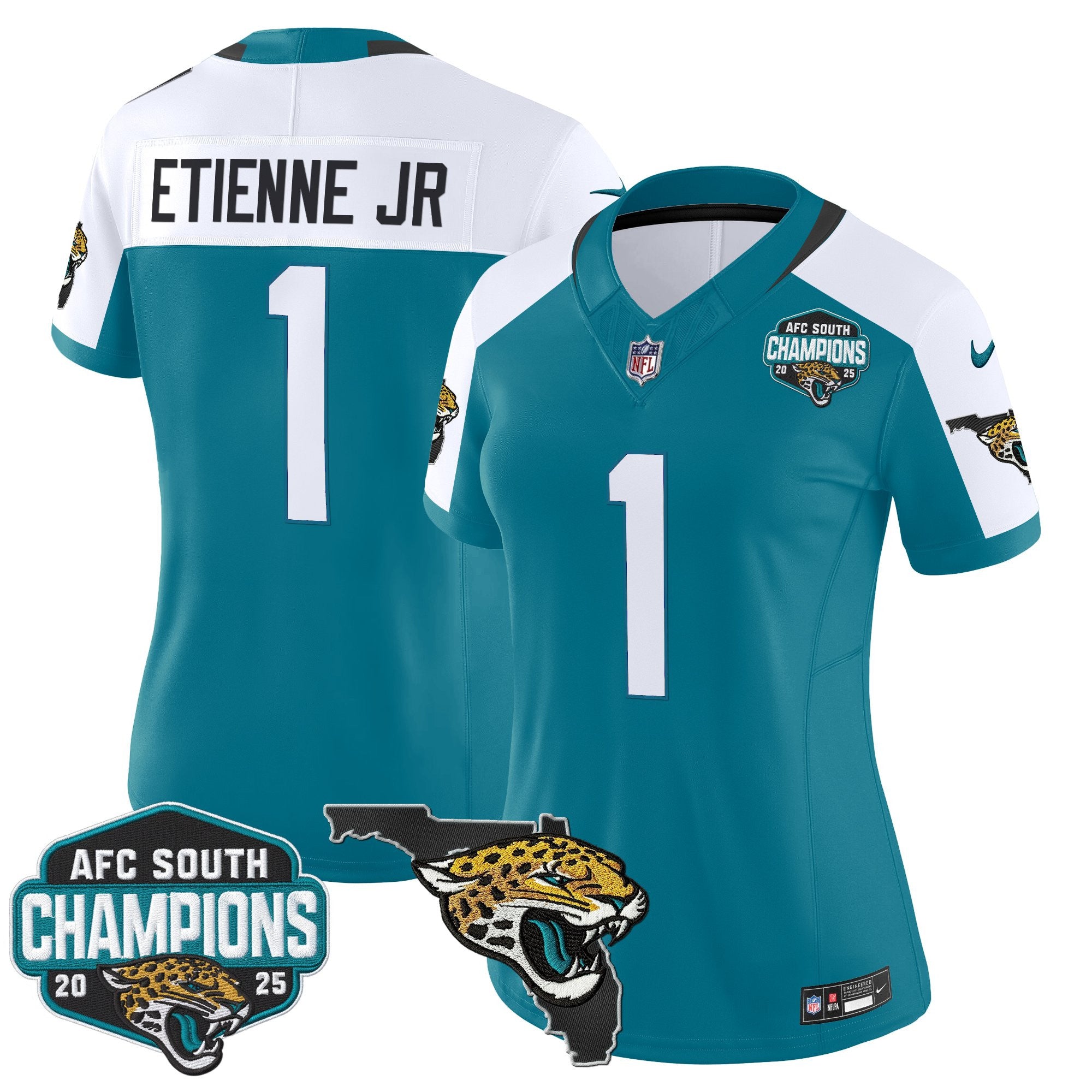 Women's Jacksonville Jaguars 2025 AFC South Division Champions & Florida Patch Vapor Jersey - All Stitched