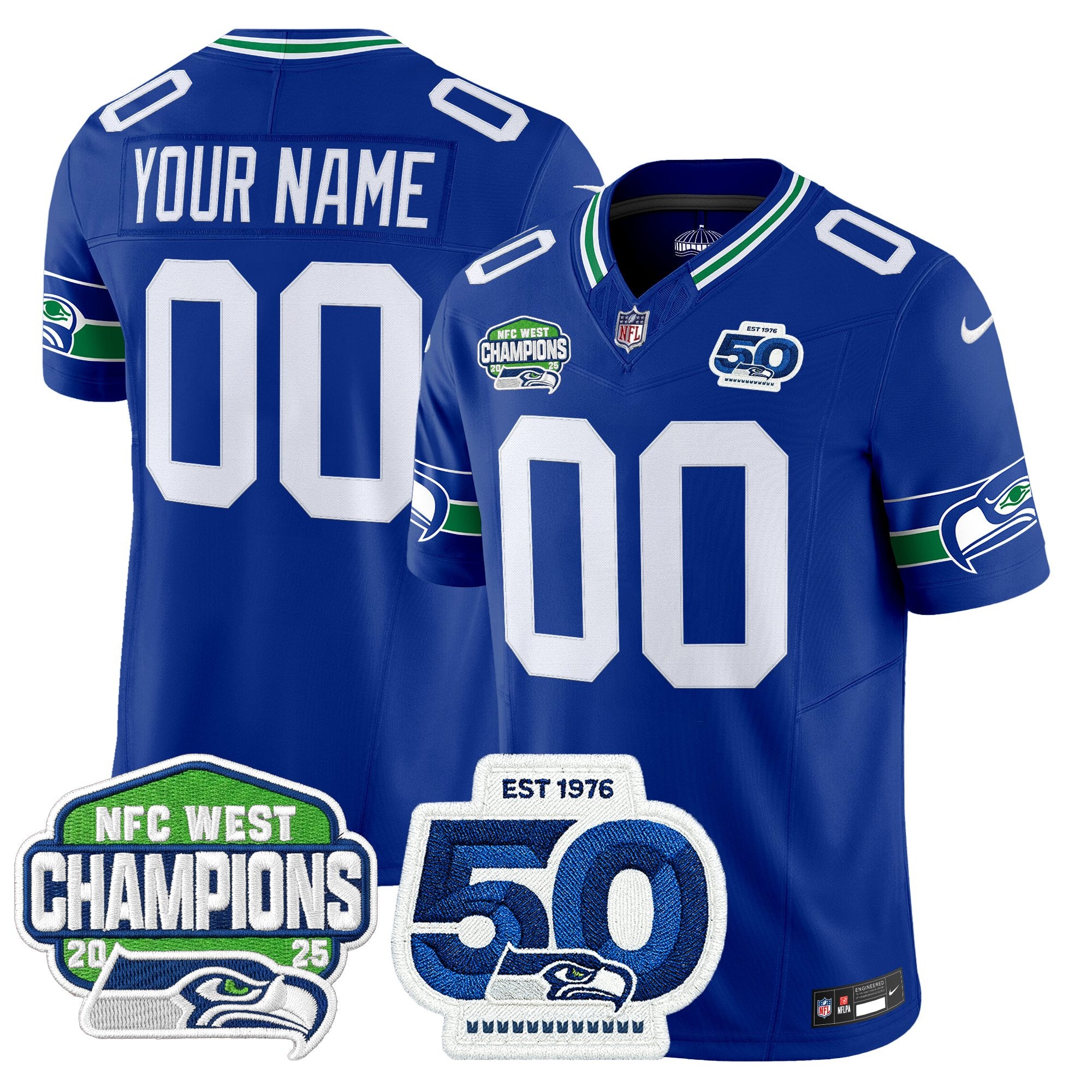 Seattle Seahawks 2025 NFC West Division Champions & 50th Anniversary Patch Vapor Limited Custom Jersey - All Stitched