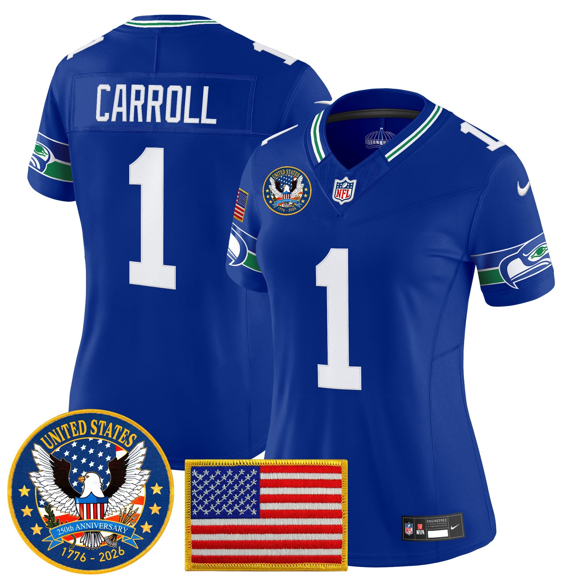 Women's Seattle Seahawks "United States 250th Anniversary Patch" Vapor Limited Jersey - All Stitched