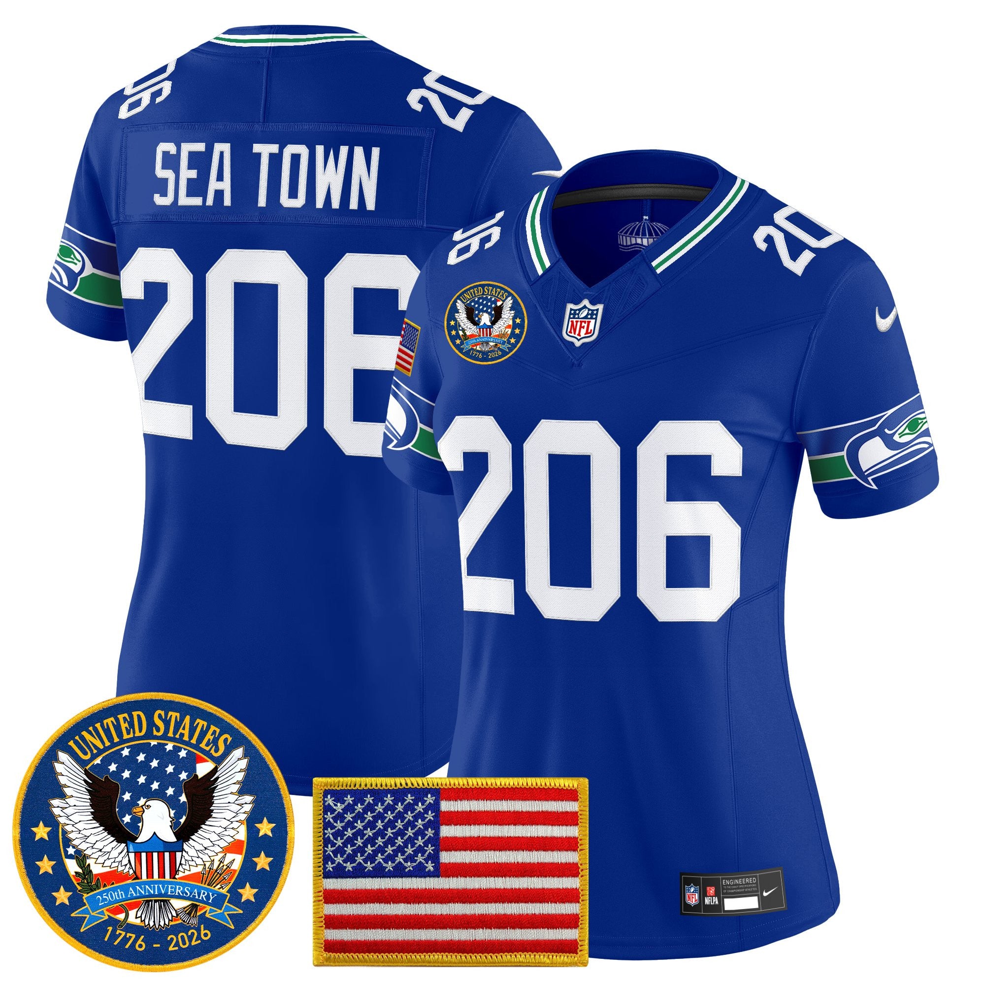 Women's Seattle Seahawks "United States 250th Anniversary Patch" Vapor Limited Jersey - All Stitched