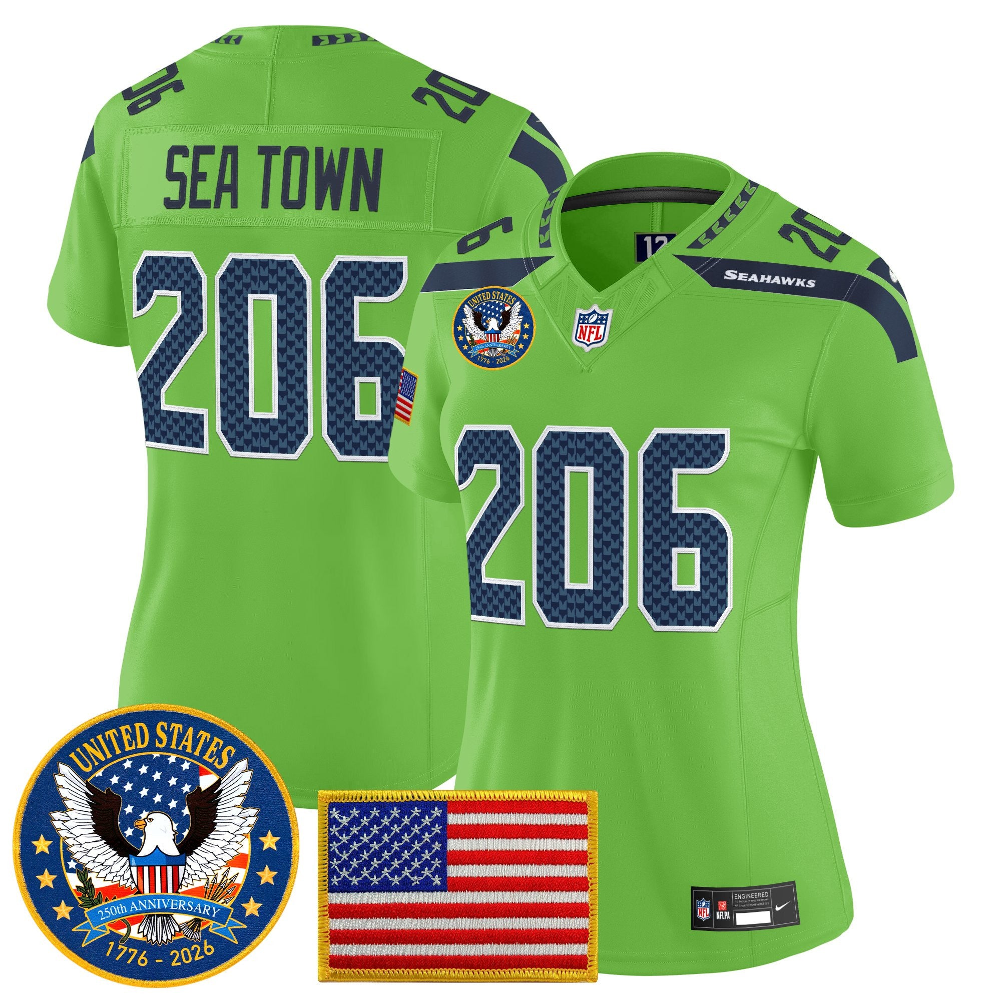 Women's Seattle Seahawks "United States 250th Anniversary Patch" Vapor Limited Jersey - All Stitched