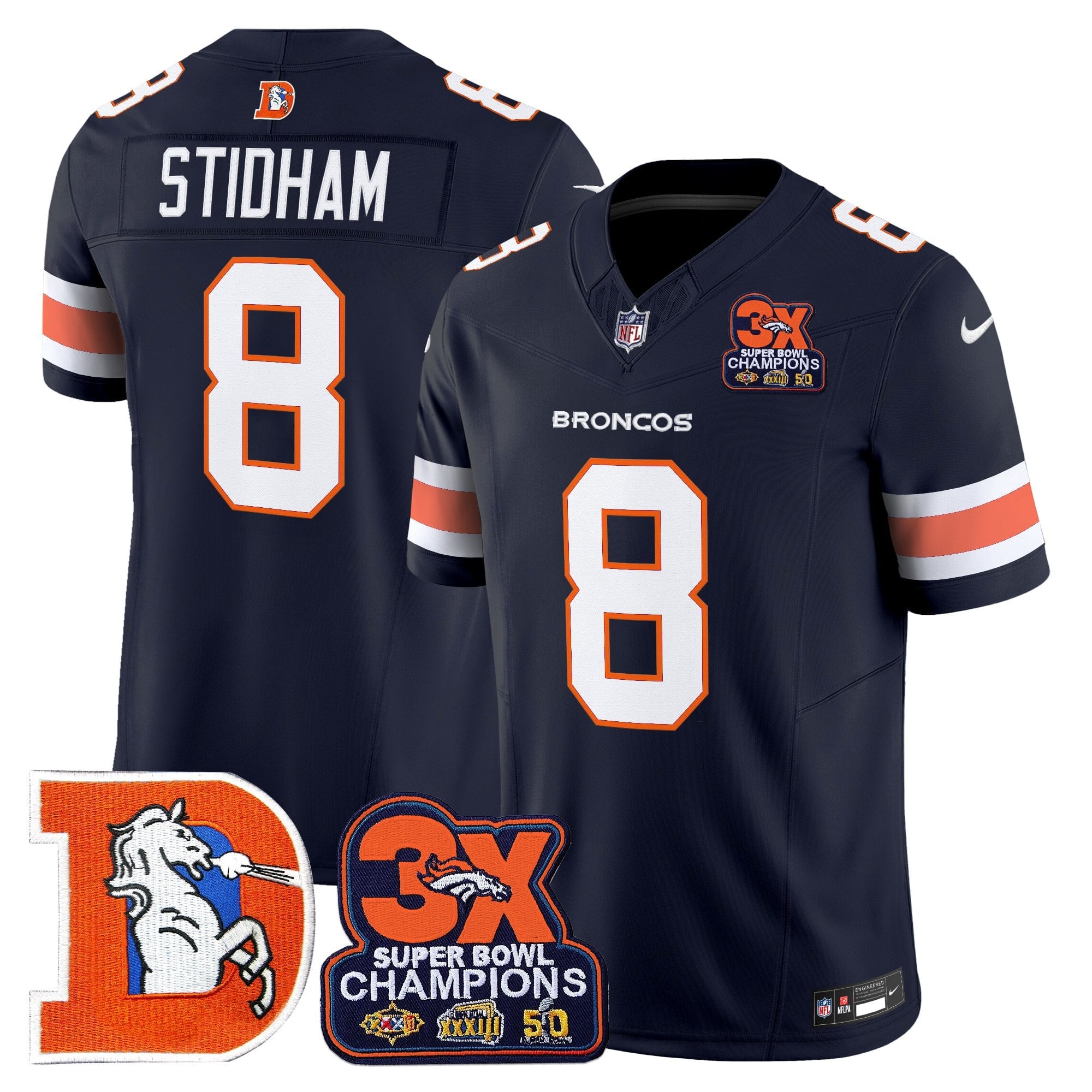 Men's Denver Broncos Throwback Vapor Limited Jersey - 3-Time Champions Patch - All Stitched