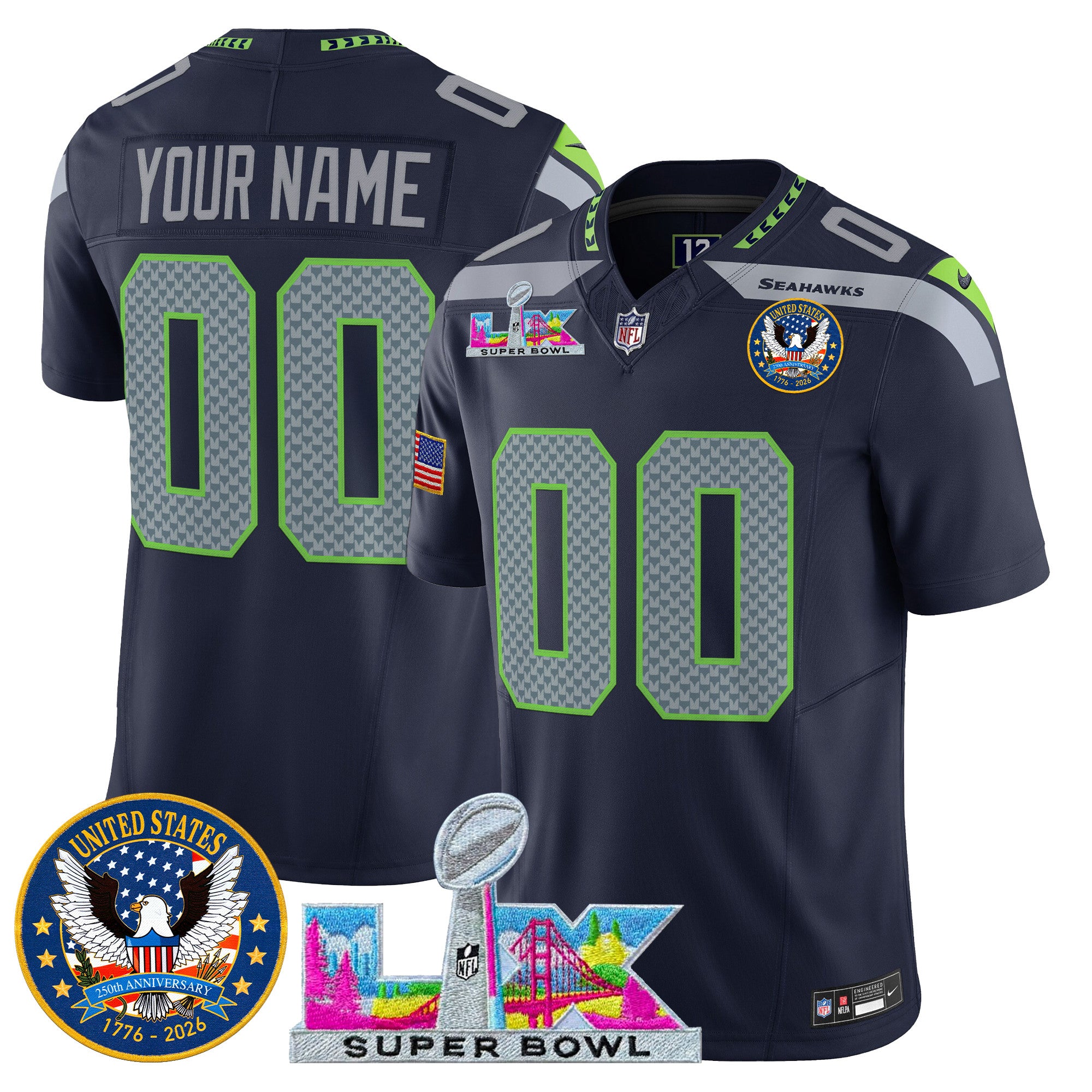 Seattle Seahawks "Super Bowl LX & United States 250th Patch" Vapor Limited Custom Jersey - All Stitched