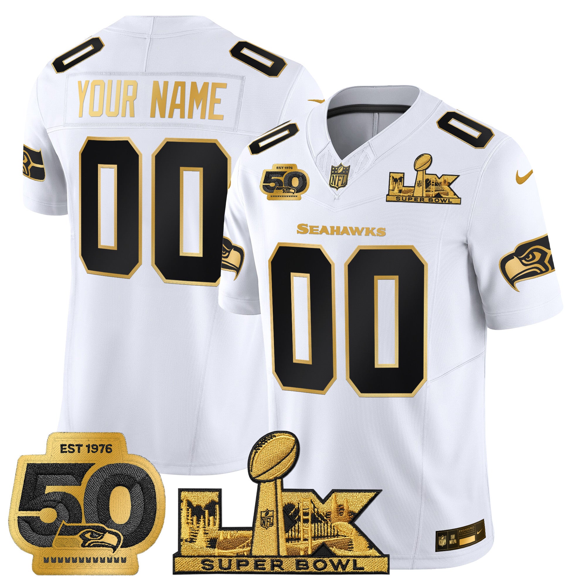 Seattle Seahawks "Super Bowl LX & 50th Patch" Gold Vapor Limited Custom Jersey - All Stitched
