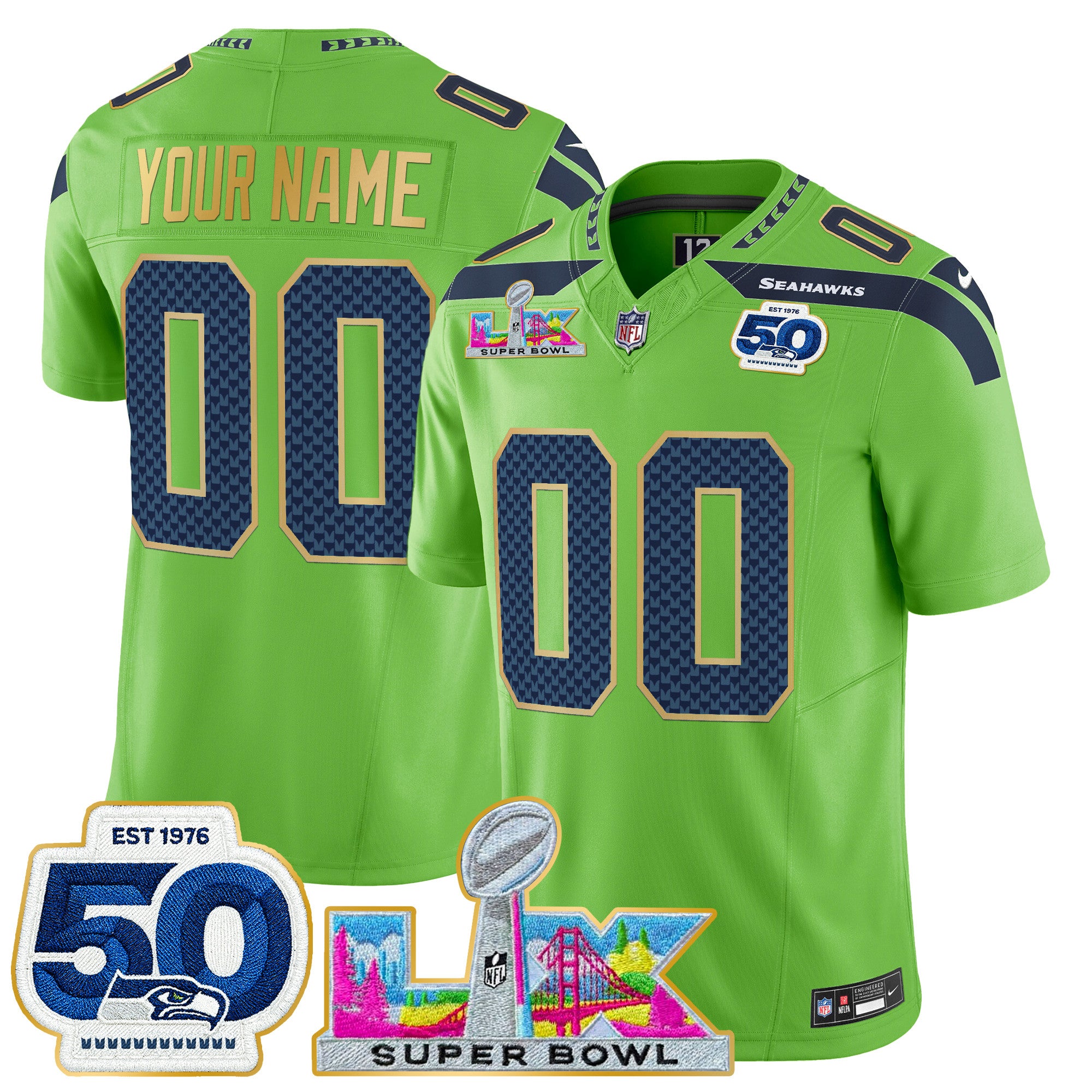 Seattle Seahawks "Super Bowl LX & 50th Patch" Gold Trim Vapor Limited Custom Jersey - All Stitched