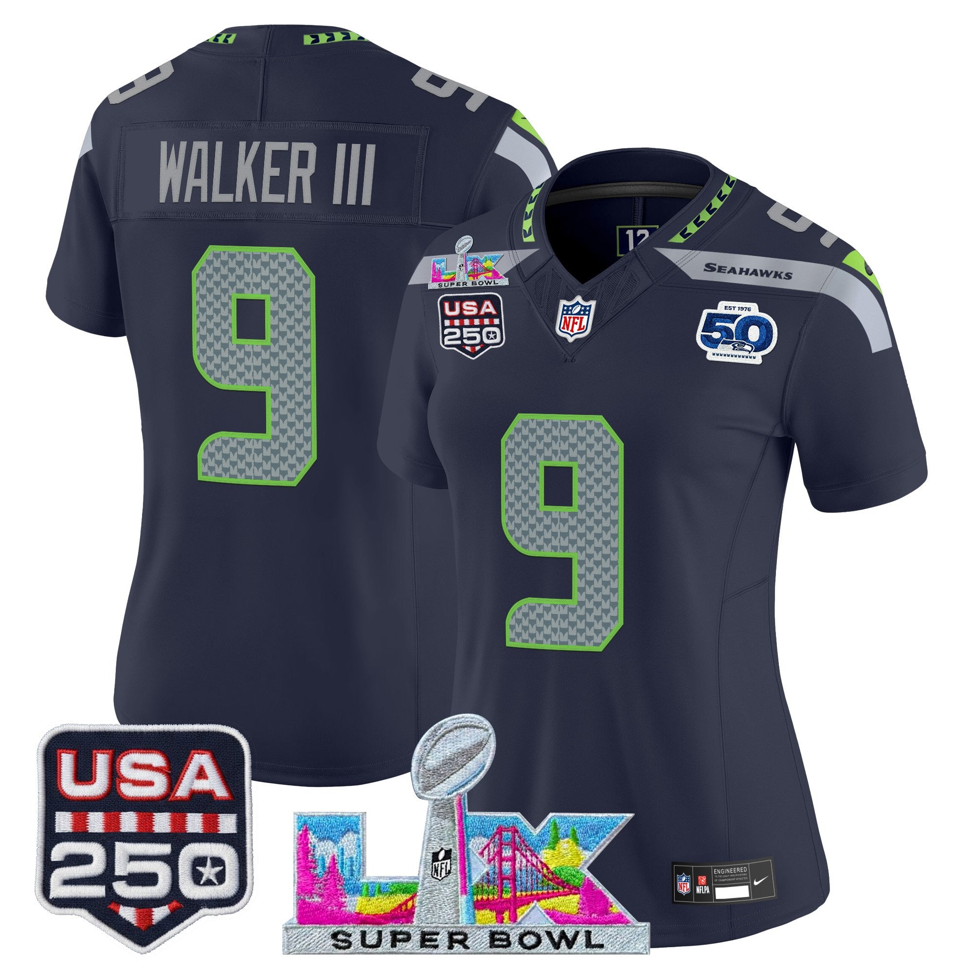 Women's Seattle Seahawks "Super Bowl LX & United States 250th Anniversary Patch" Vapor Limited Jersey - All Stitched