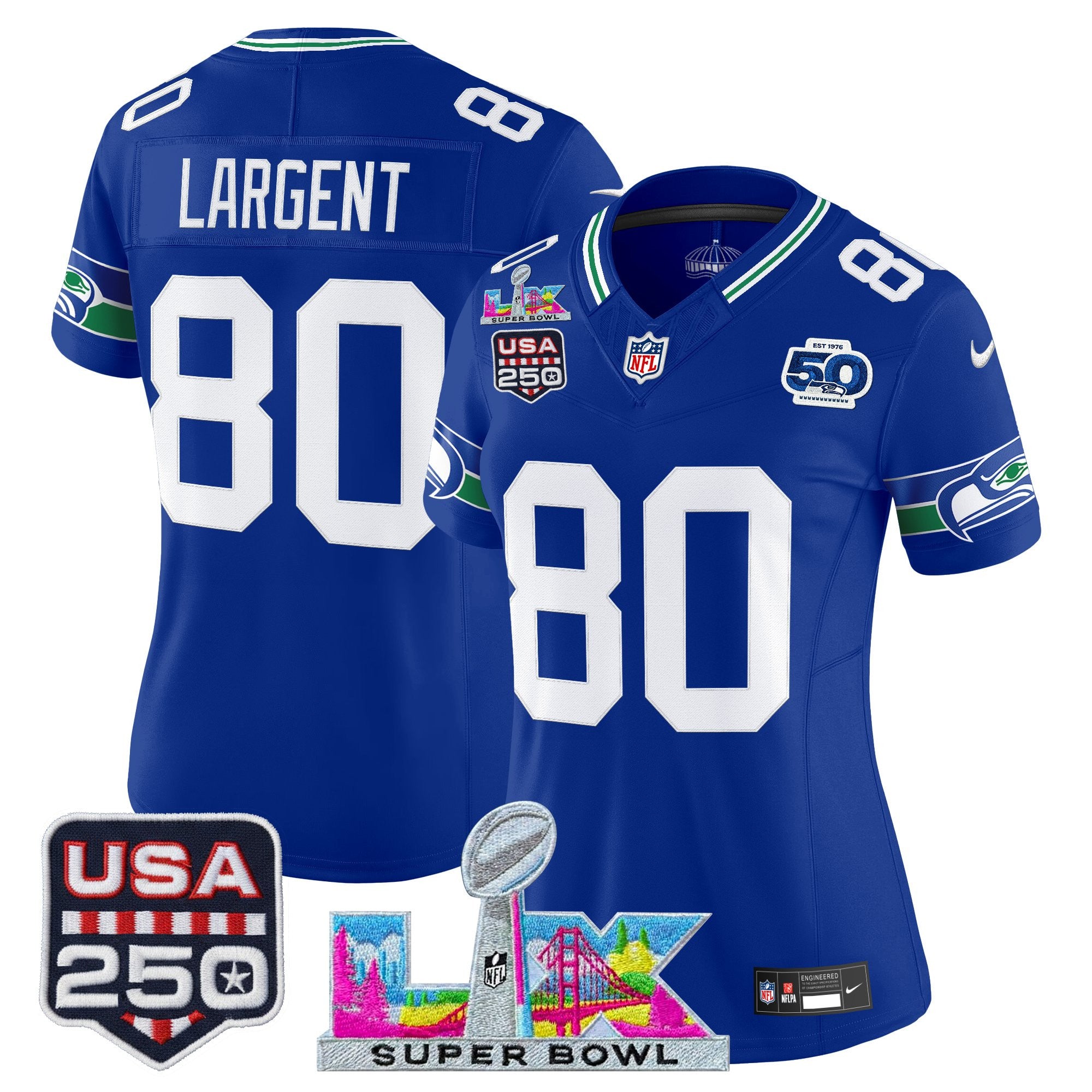 Women's Seattle Seahawks "Super Bowl LX & United States 250th Anniversary Patch" Vapor Limited Jersey - All Stitched