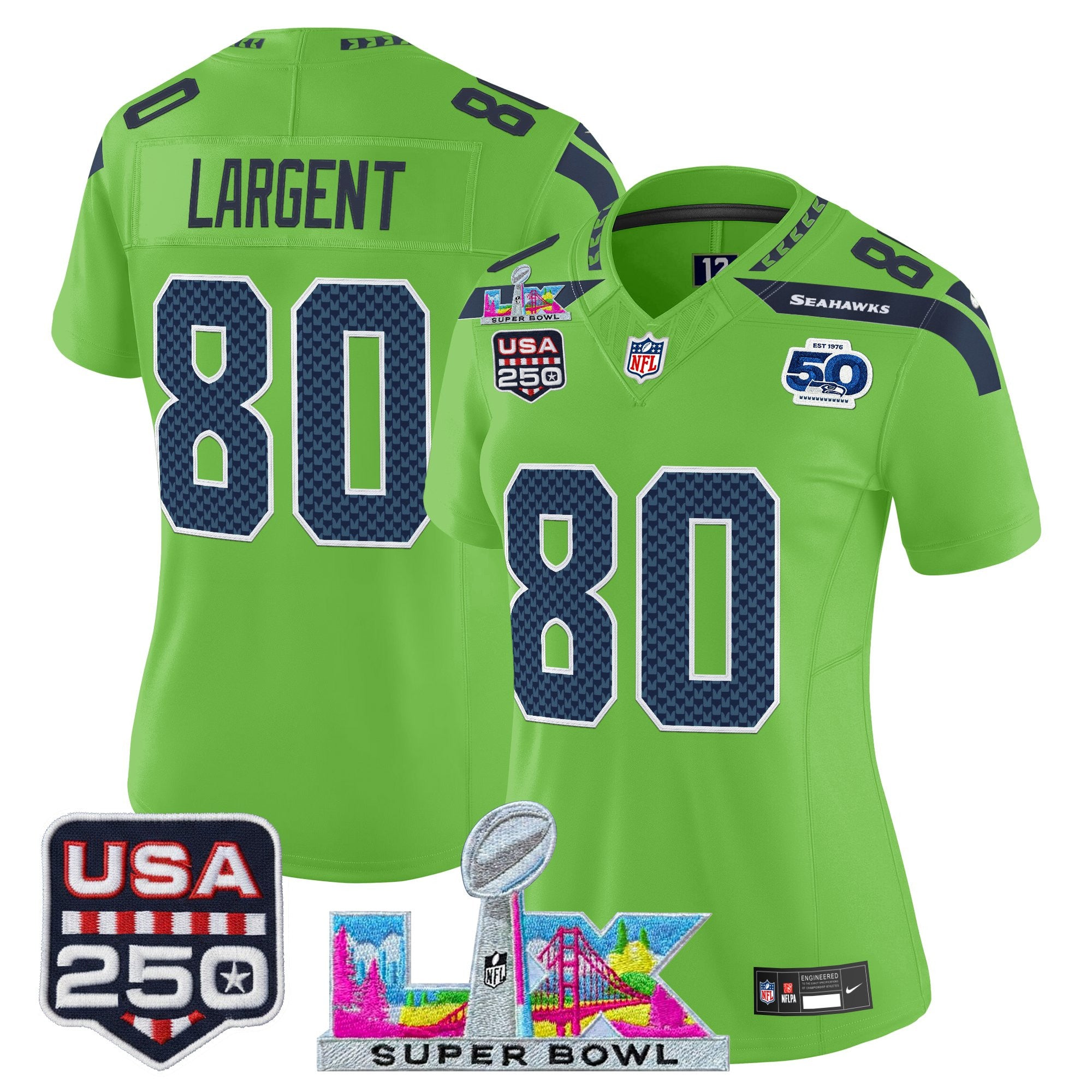 Women's Seattle Seahawks "Super Bowl LX & United States 250th Anniversary Patch" Vapor Limited Jersey - All Stitched
