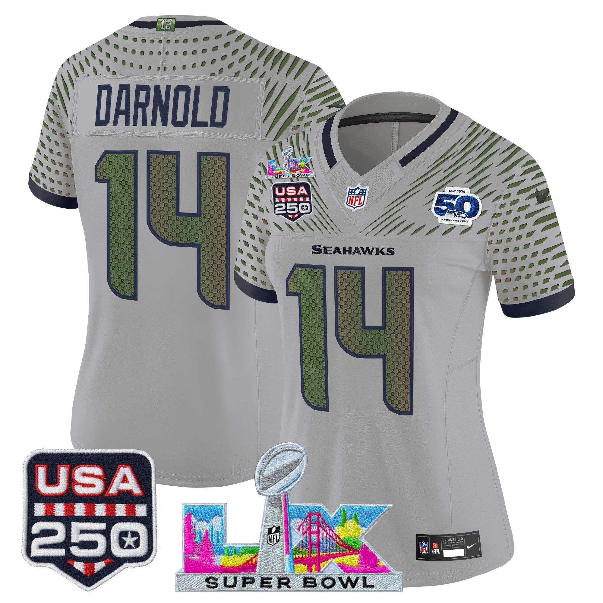 Women's Seattle Seahawks "Super Bowl LX & United States 250th Anniversary Patch" Vapor Limited Jersey - All Stitched