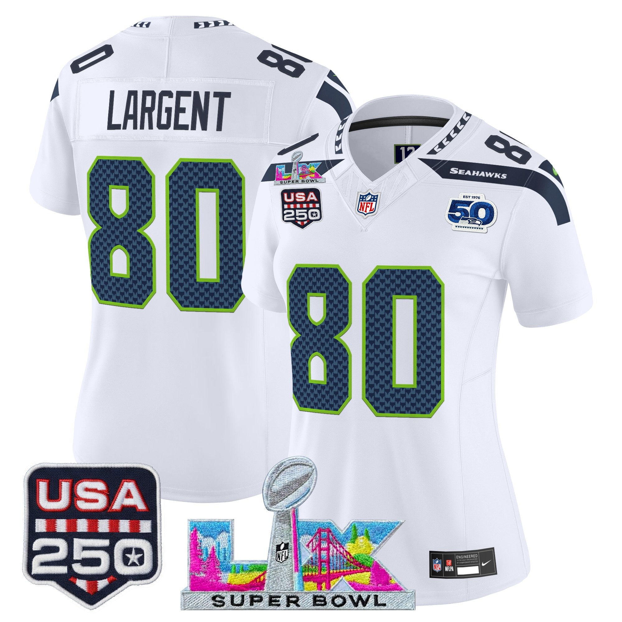 Women's Seattle Seahawks "Super Bowl LX & United States 250th Anniversary Patch" Vapor Limited Jersey - All Stitched