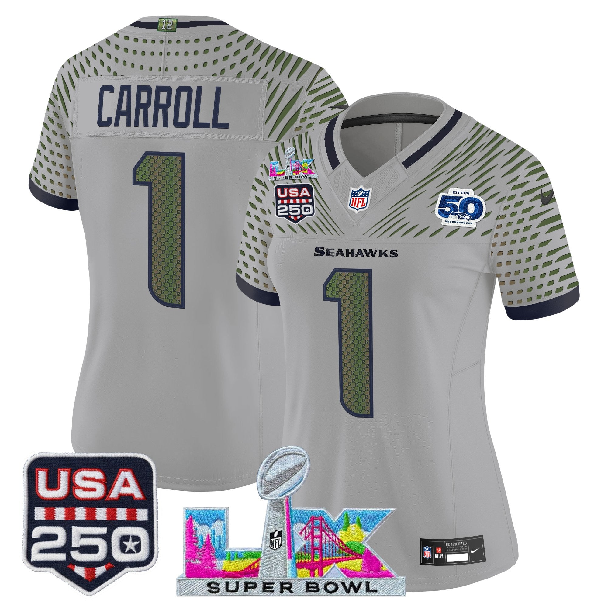 Women's Seattle Seahawks "Super Bowl LX & United States 250th Anniversary Patch" Vapor Limited Jersey - All Stitched