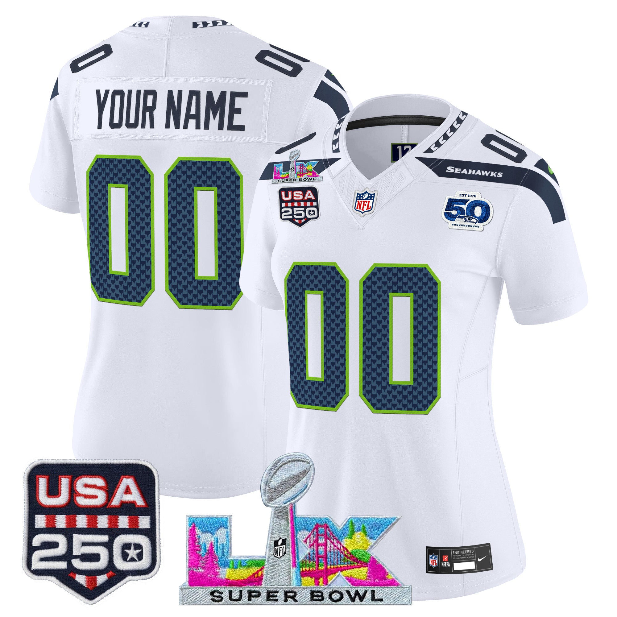 Seattle Seahawks "Super Bowl LX & United States 250th Anniversary Patch" Vapor Limited Custom Jersey - All Stitched