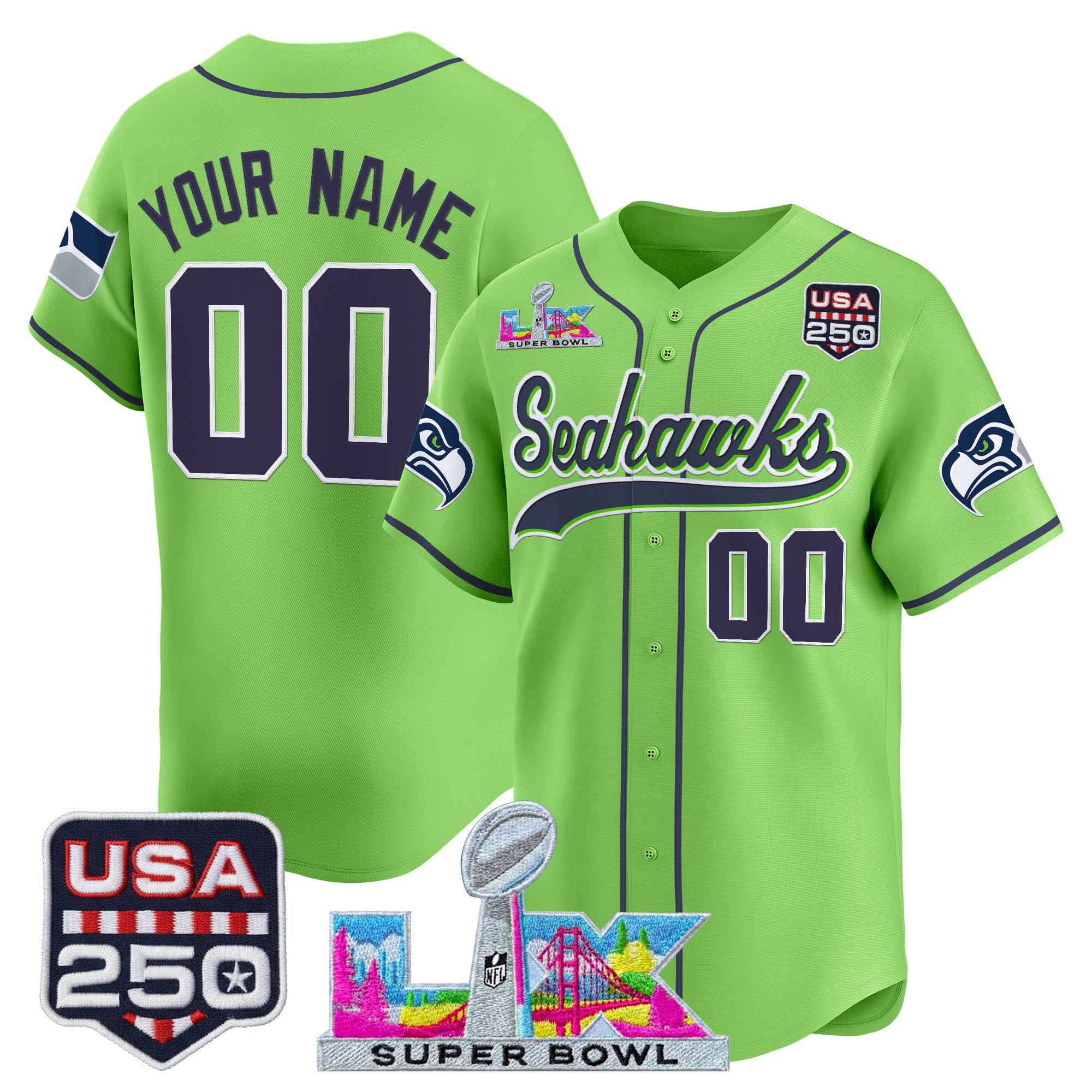 Seattle Seahawks "Super Bowl LX & 250America Patch" Vapor Baseball Custom Jersey - All Stitched